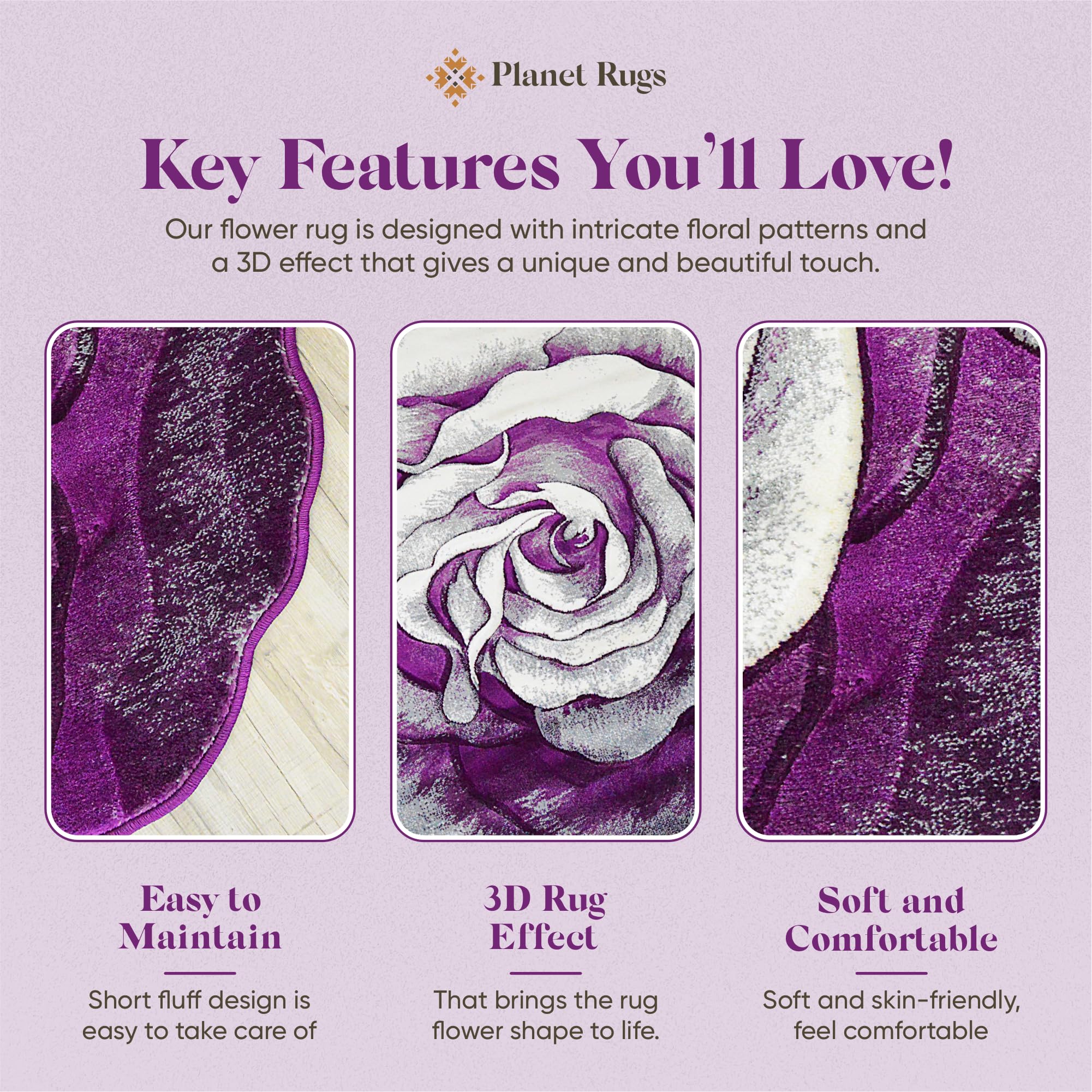 6ft Round Rose Flower Shaped Plush Area Rug - Soft Girly Circle Carpet for Bedroom, Living Room Floor Decor | Perfect for Boho Chic Home, Nursery & Dorm Room (304 Purple)
