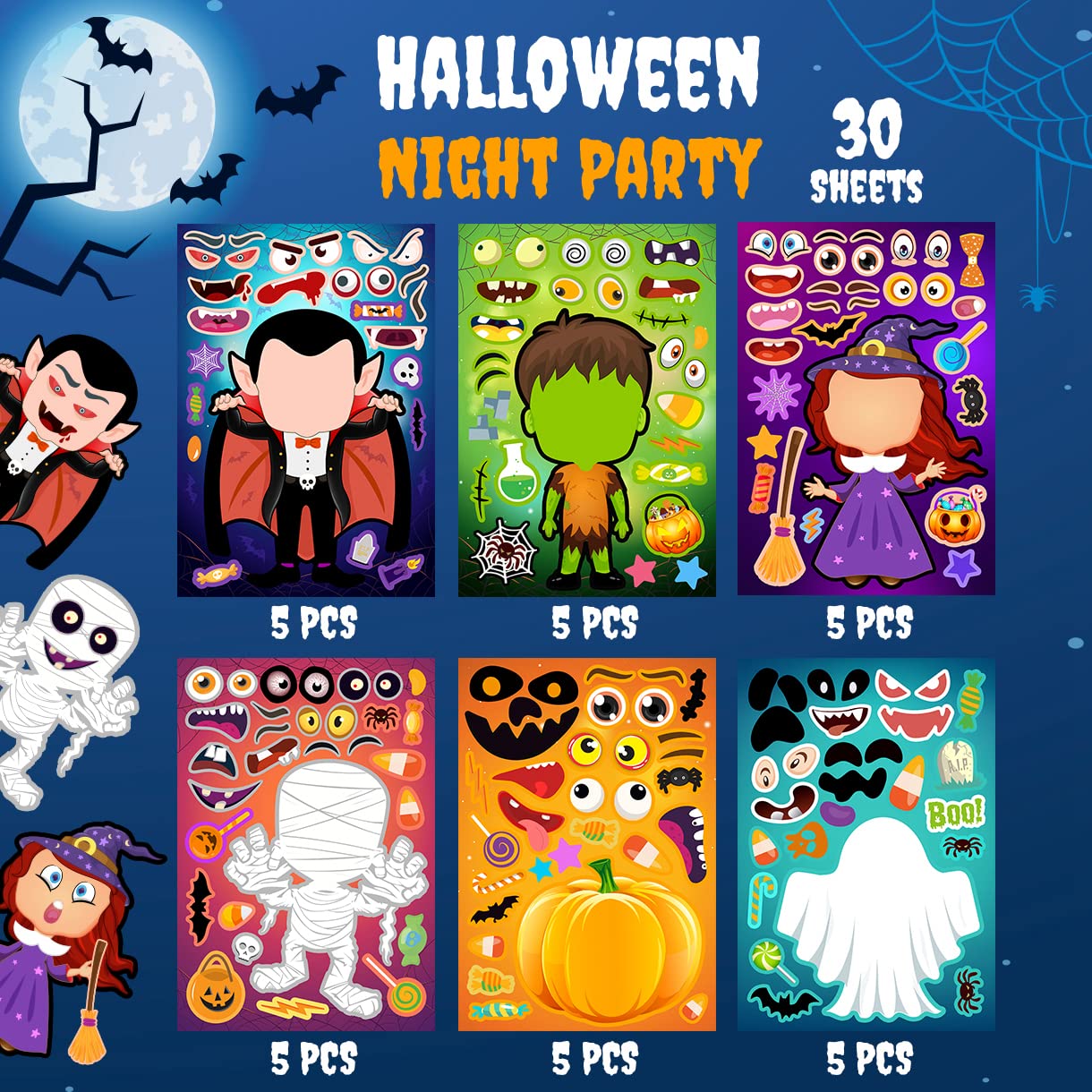 Halloween Face Stickers for Kids - 30 Pack DIY Sticker Sheets, Halloween Party Favors & Crafts - Perfect for Classroom Activities, Trick or Treat Bags, and Halloween Decorations