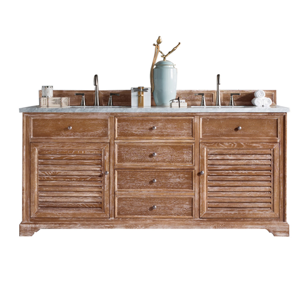 Savannah 72 Inch Driftwood Double Bathroom Vanity with 3CM Arctic Fall Solid Surface Top - Modern Farmhouse Style for Master Bathroom or Guest Bath Remodel