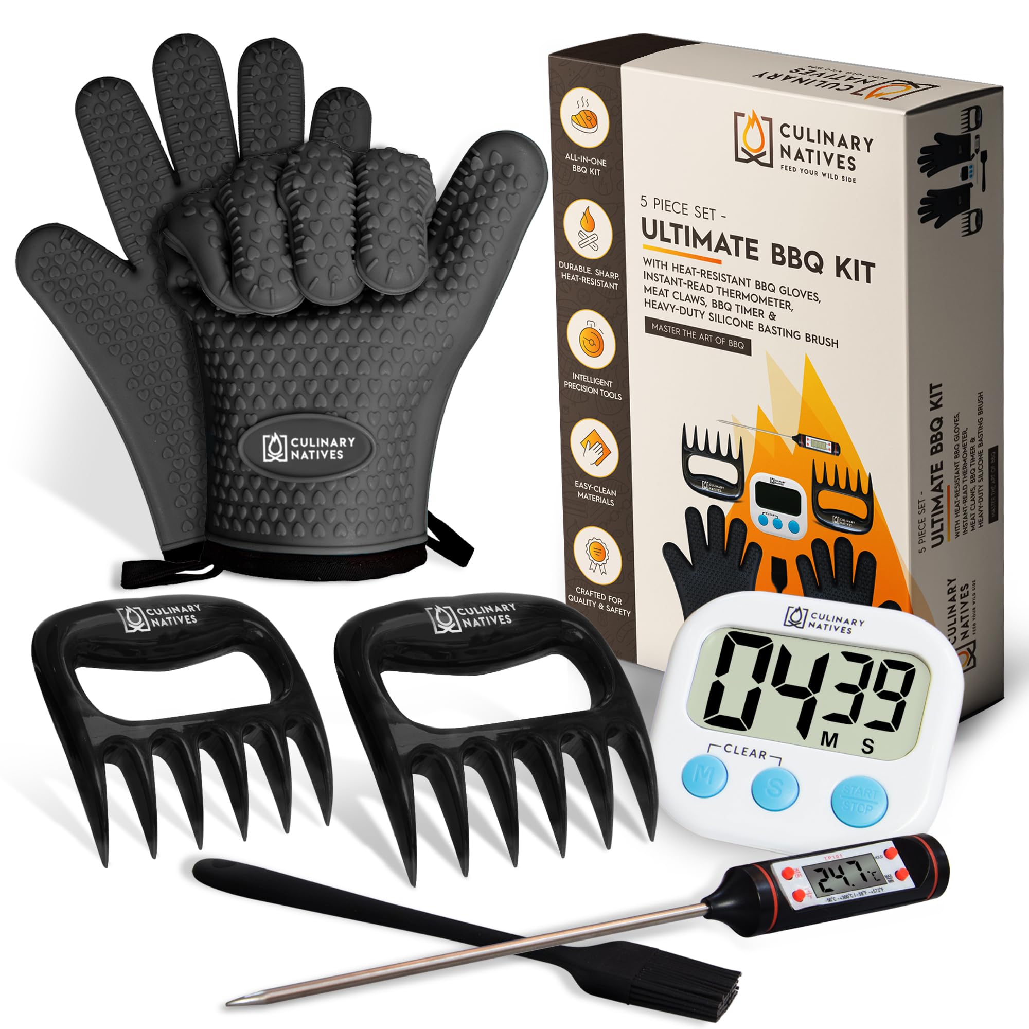 Premium BBQ Grill Gloves & Meat Claws Set with Digital Thermometer, Timer & Brush – Ultimate Grilling Accessories Kit for Pulled Pork, Brisket, Ribs & Smoking – Perfect for Backyard BBQs, Camping & Outdoor Cooking (Black)