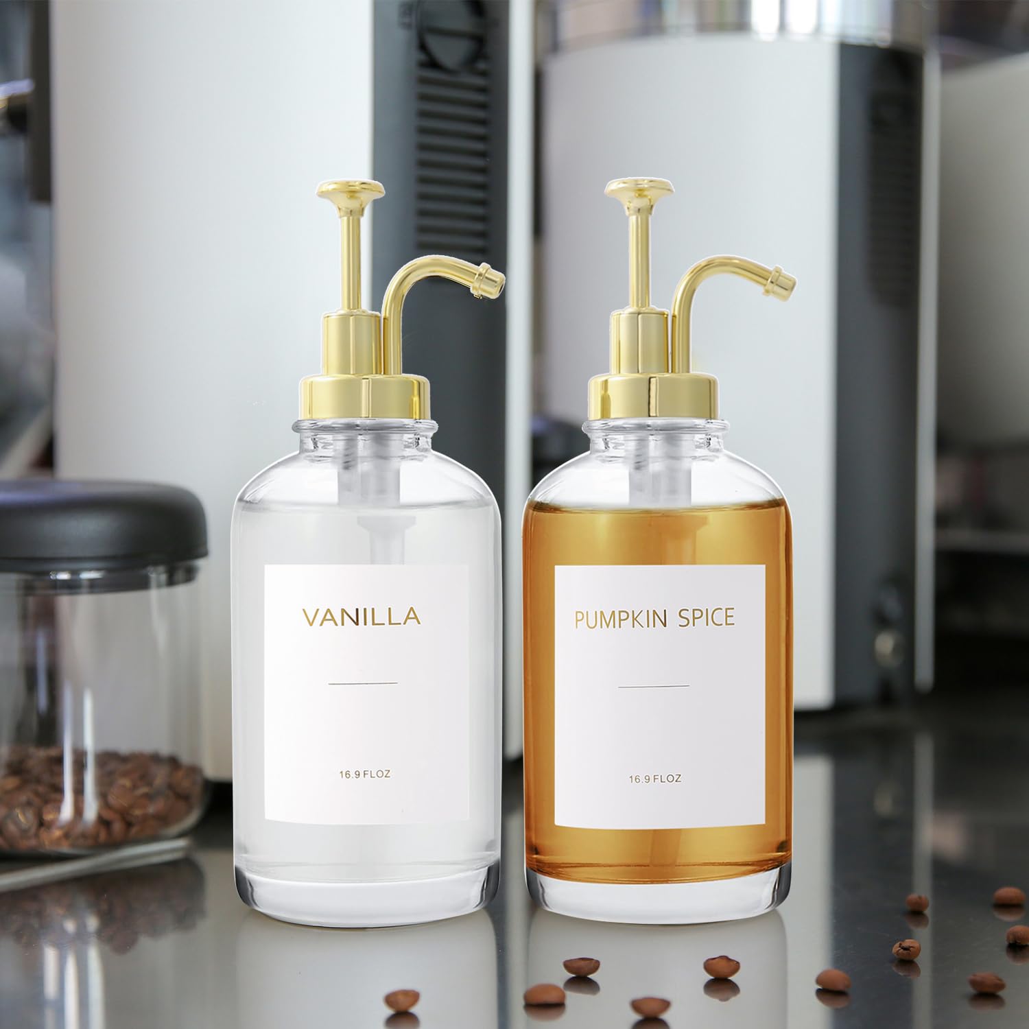 Premium 16.9OZ Glass Coffee Syrup Dispenser with Gold Pump - Barista-Grade Syrup Bottle for Coffee Shops, Cafes & Home Use - Includes 18 Professional Coffee Syrup Labels (Clear) - Perfect for Latte Art, Iced Coffee & Specialty Drinks