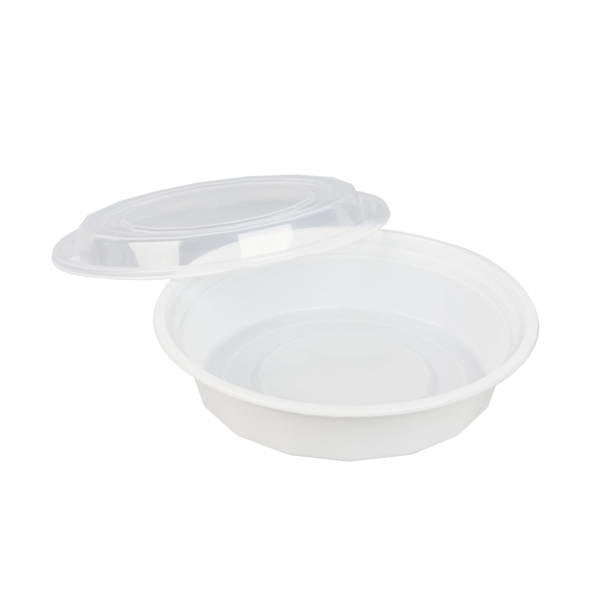 24 oz Round White Plastic Food Storage Containers with Clear Lids - 50 Pack, Microwave Safe To-Go Boxes (7.25