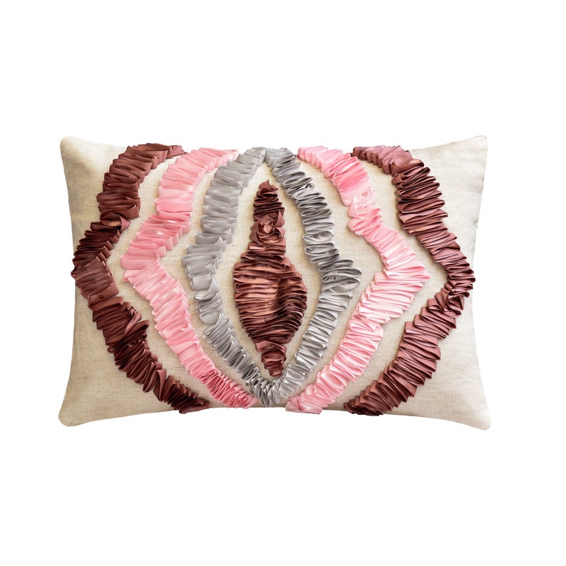 Elegant Pink Linen Decorative Lumbar Pillow Cover for Sofa & Bed - Handmade Begonia Floral Design Home Decor