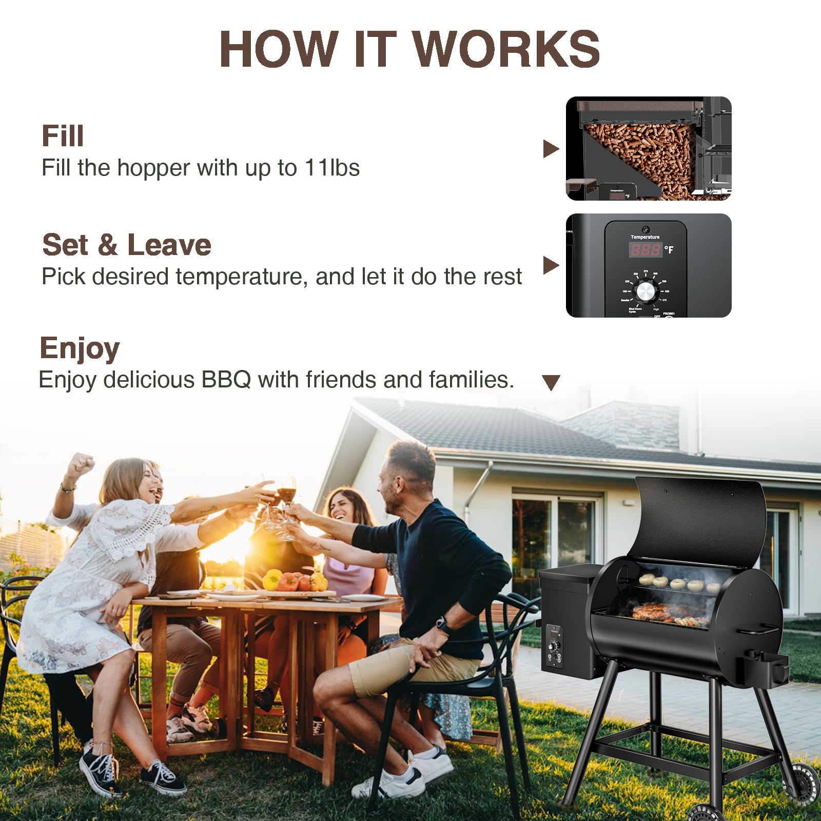 KingChii 456 SQ.IN Electric Wood Pellet Grill & Smoker with PID Temperature Control (180-425°F) - Black with Cover - Perfect for Backyard BBQ, Camping, Baking, Roasting & Smoking Meats