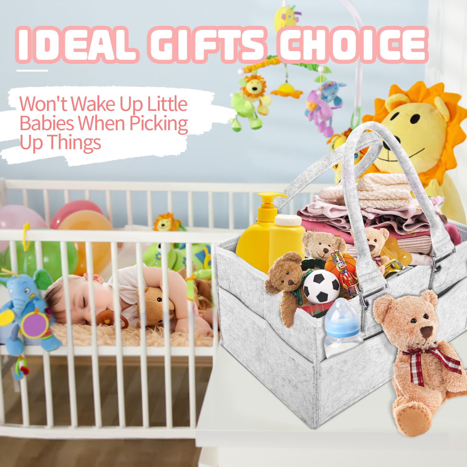 Portable Baby Diaper Caddy Organizer with Handle - Nursery Storage & Changing Table Organizer - Felt Diaper Bag for Car, Baby Shower Gifts & Essentials - Perfect for Home, Travel & On-the-Go Parents