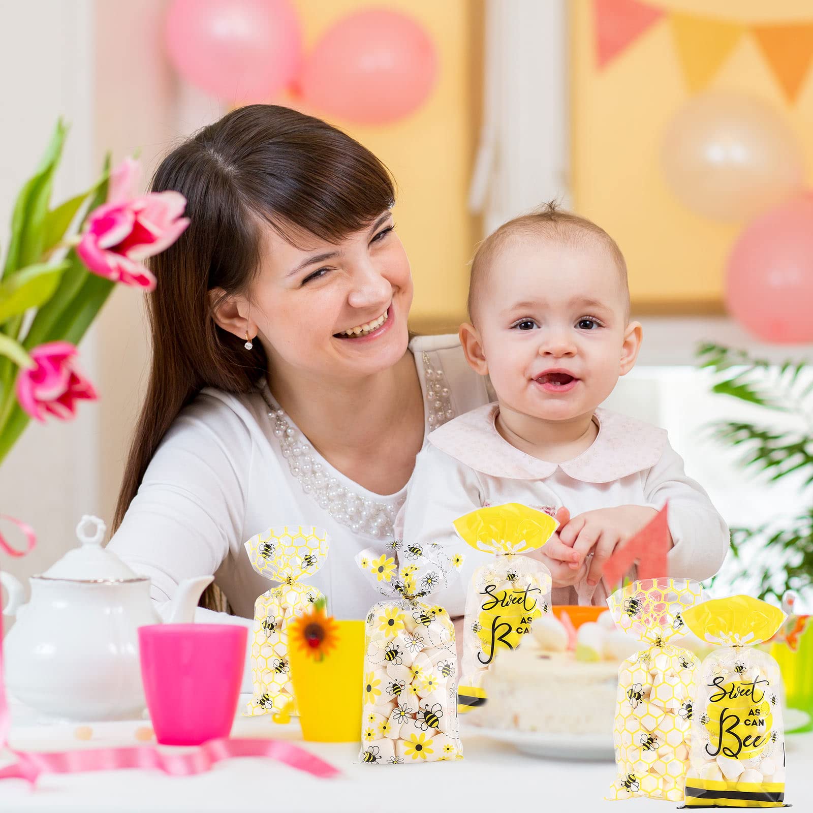 Whaline 150Pcs Spring Bee Party Favor Bags - 3 Adorable Honey Bee Design Cellophane Treat Bags with Gold Twist Ties for Candy, Goodies & Party Supplies | Perfect for Birthday Celebrations, Baby Showers & Spring Themed Events