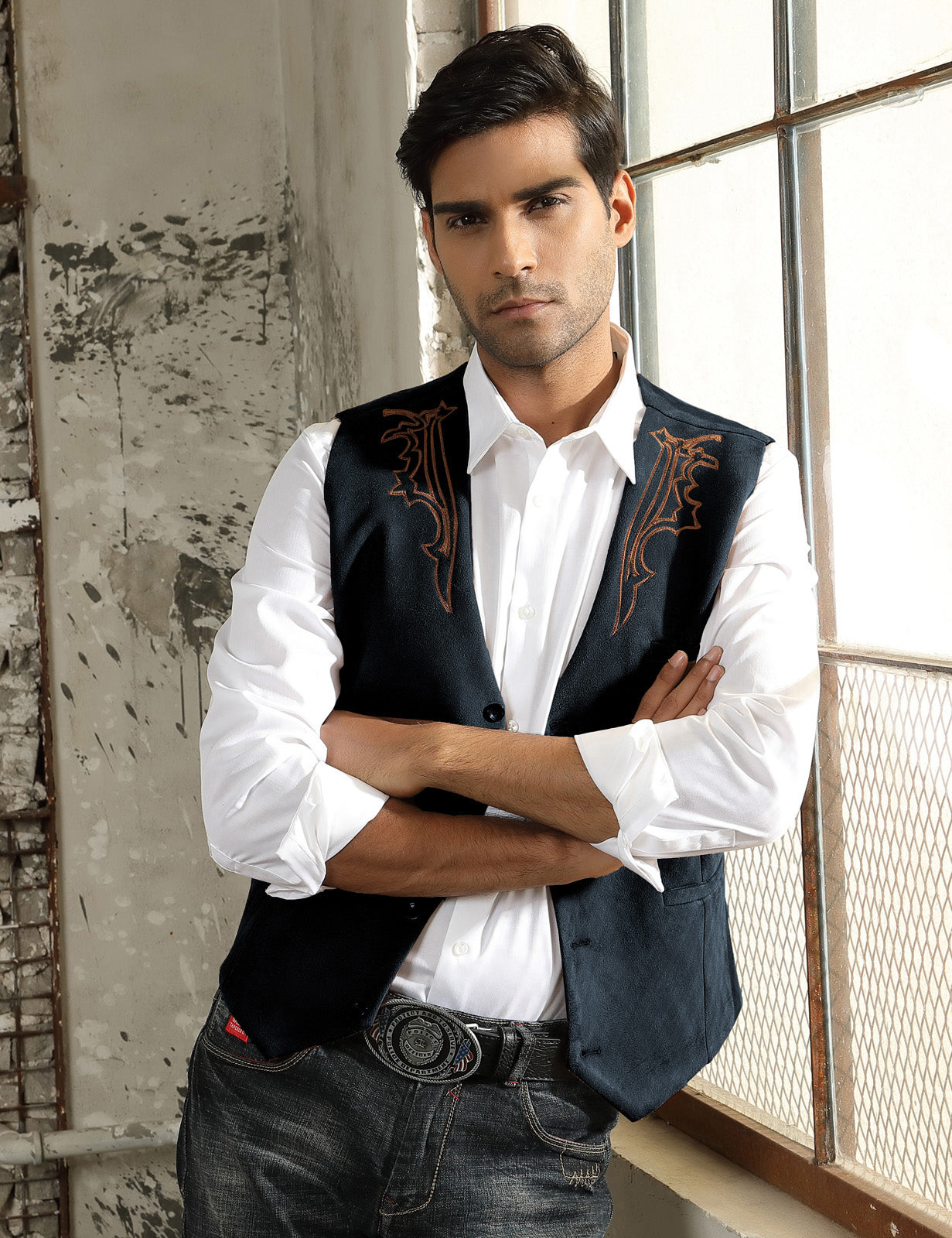 Men's Slim Fit Suede Leather Vest with Embroidery - Western Style Waistcoat for Casual Wear & Cowboy Outfits