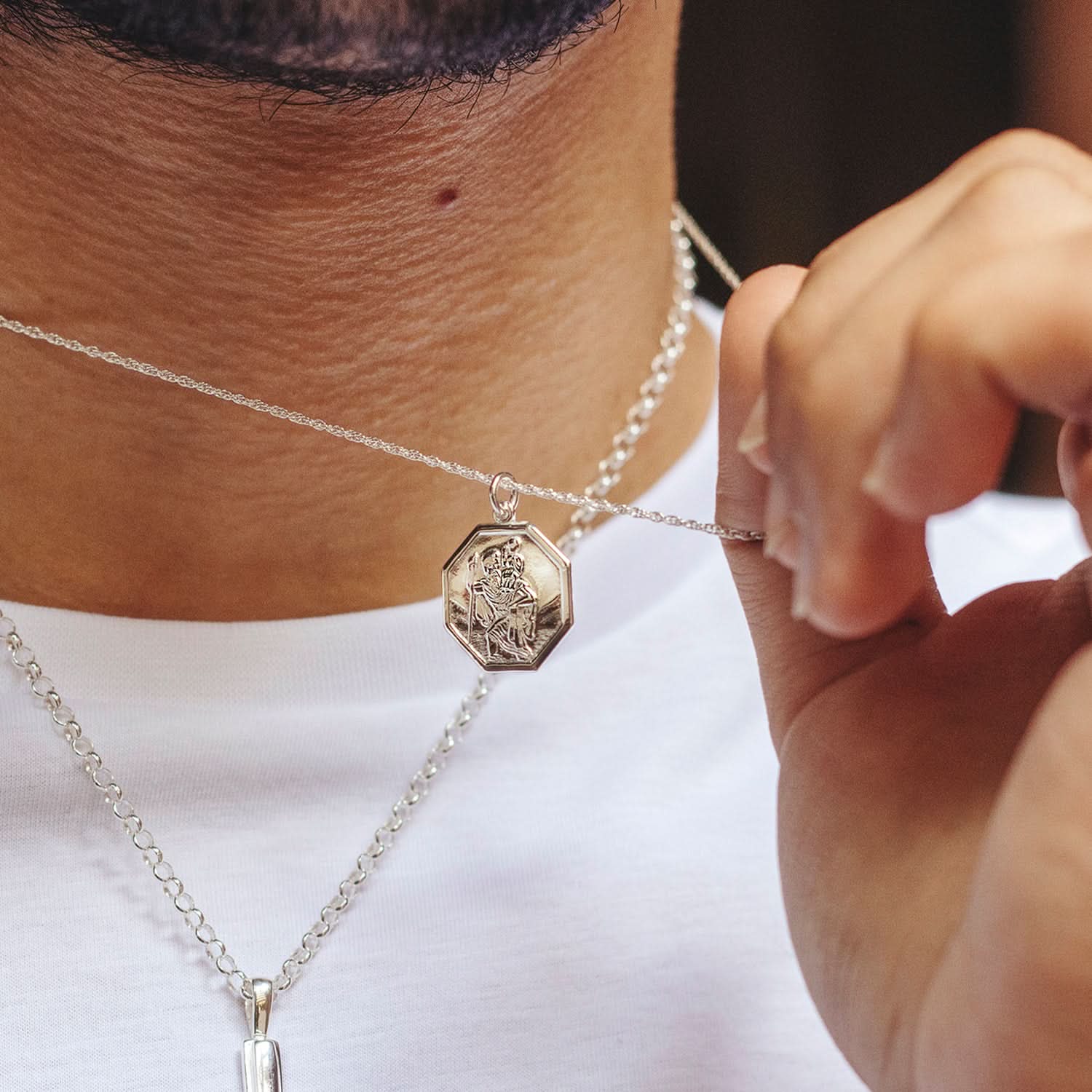 St. Christopher Necklace for Men - 14K White Gold Religious Pendant with Custom Engraving - Perfect for Gifts, Baptism, and Daily Wear