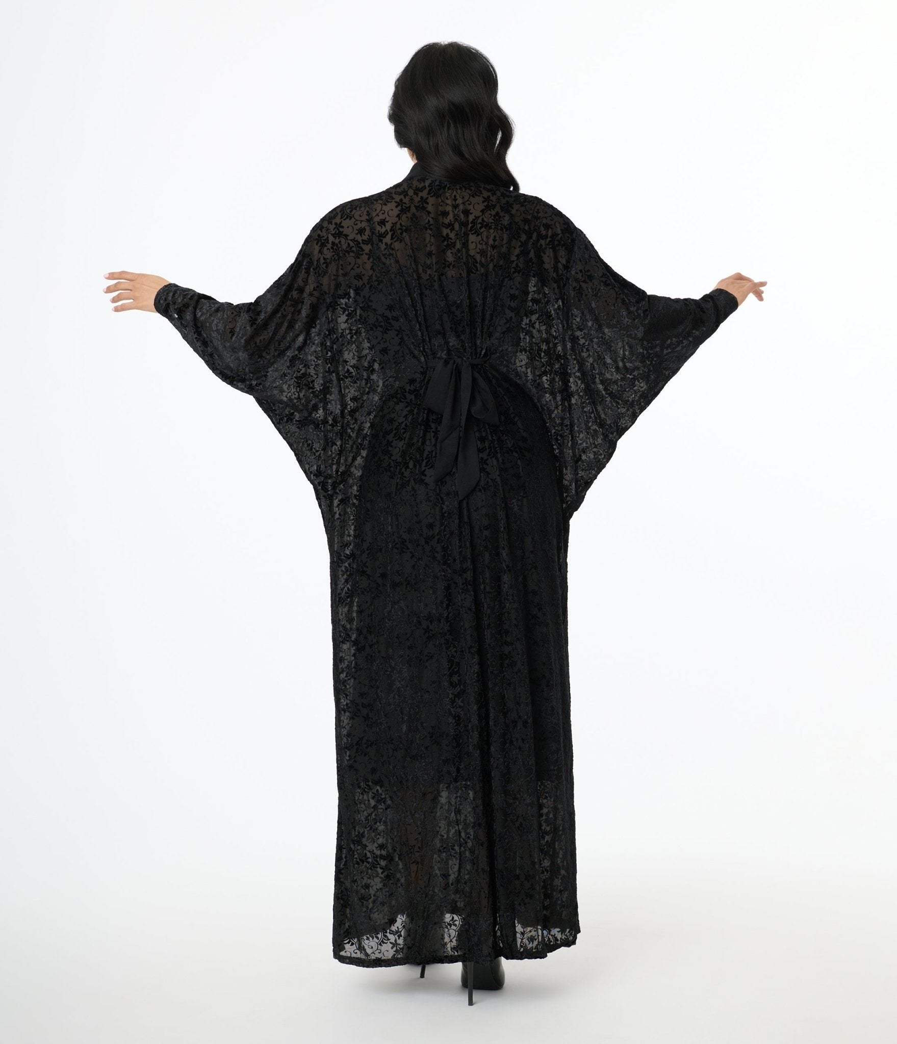 Vintage 1970s Black Floral Burnout Mesh High Neck Caftan Dress - Retro Boho Chic Maxi Dress for Women, Perfect for Beach Cover Up, Summer Parties & Festival Fashion
