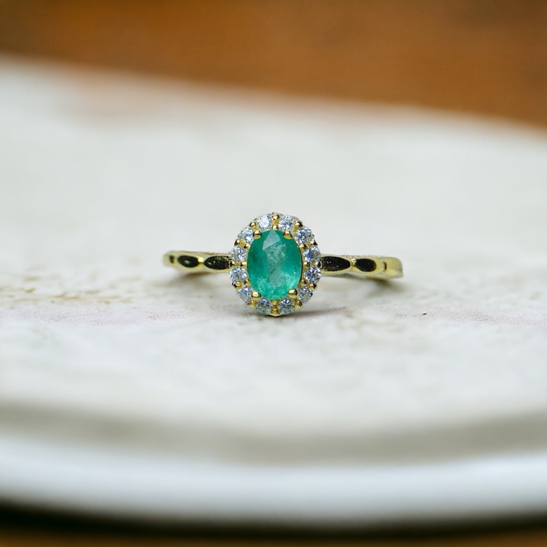 18K Gold Statement Emerald Halo Ring for Women | Elegant Vintage Engagement Wedding Ring | Perfect for Anniversary, Proposal & Special Occasions | NS2402