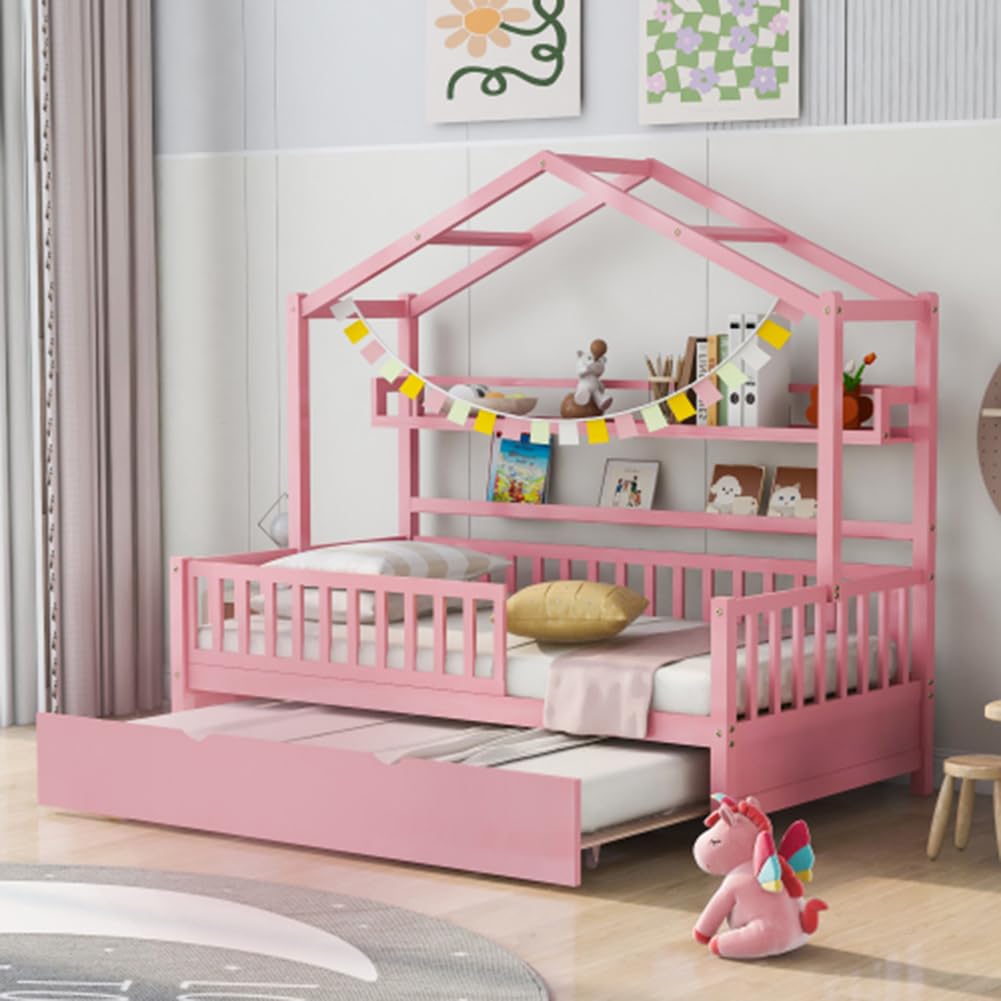 AFRUZA Twin Size Wooden House Bed with Trundle and Storage Shelf - Kids Bedroom Furniture for Boys & Girls - Perfect for Playrooms, Bedrooms, and Sleepovers