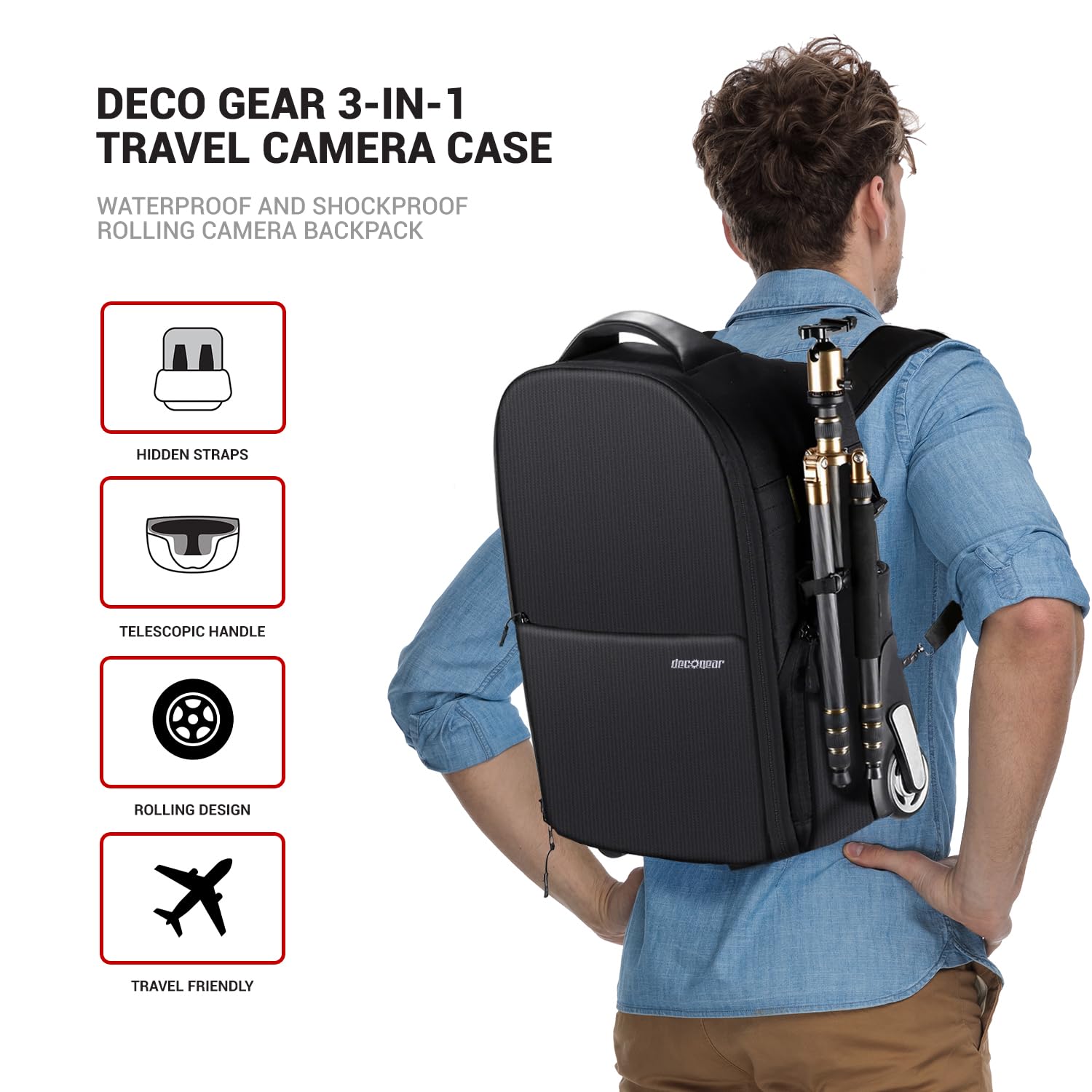 Deco Gear 3-in-1 Waterproof Shockproof Travel Camera Backpack - Convertible Rolling Camera Case with Wheels, Shoulder Straps & Carry Handle - Perfect for Air Travel, Outdoor Photography & Professional Photographers