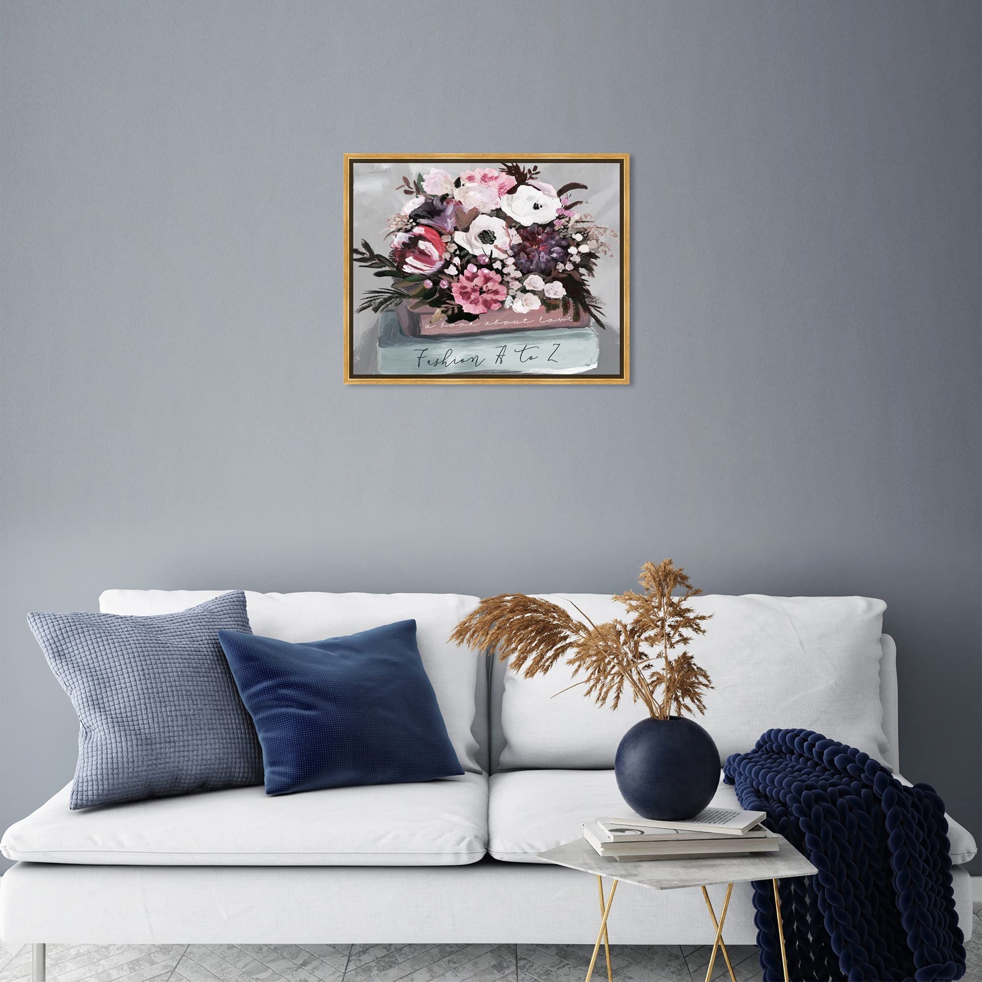 Floral and Botanical Wall Art Framed Canvas Prints - Flower Bundle & Books Decor for Living Room, Bedroom & Office