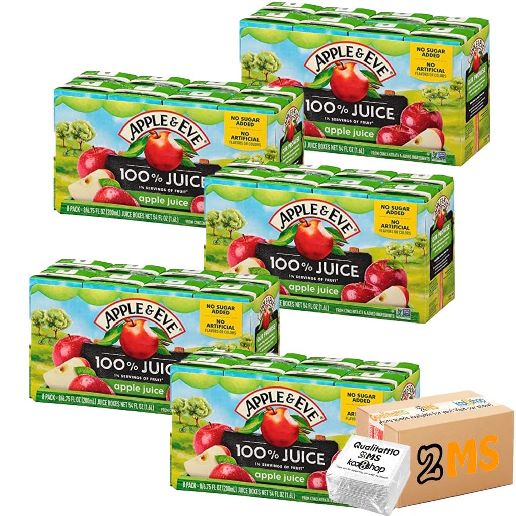 2MS Box - 40 Count 6.75 fl oz 100% Pure Apple Juice for Apple & Eve - Includes Napkins Set - Perfect for School Lunches, Picnics & Healthy Snacking