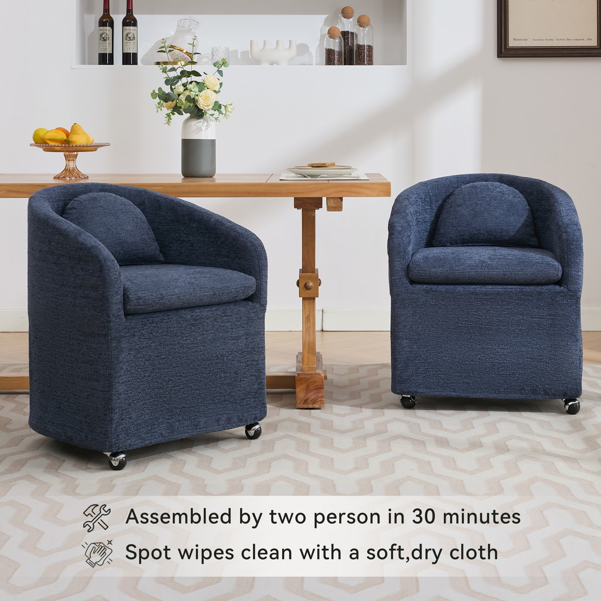 Blue Chenille Fabric Dining Armchair with Back Cushion & Universal Wheels - 1-Piece Set for Home, Office or Restaurant Use