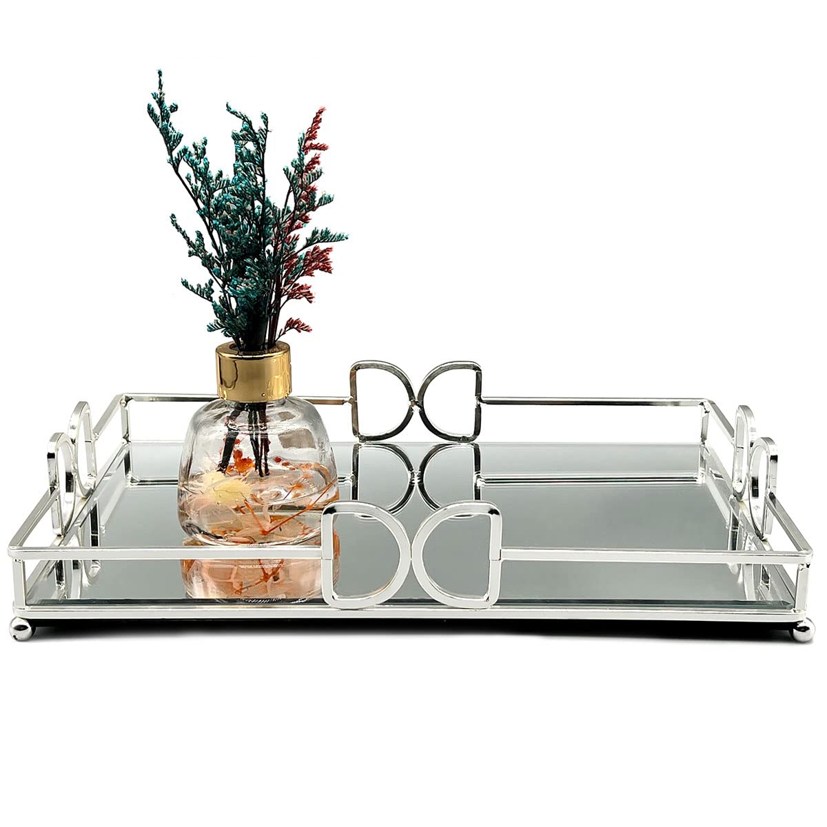HAIGOUER Vanity Tray - Modern Luxury Silver Mirror Tray for Perfume & Jewelry | Rust-Proof Glass Bathroom Organizer | Elegant Dresser Decor for Bedroom, Vanity & Bathroom Countertop