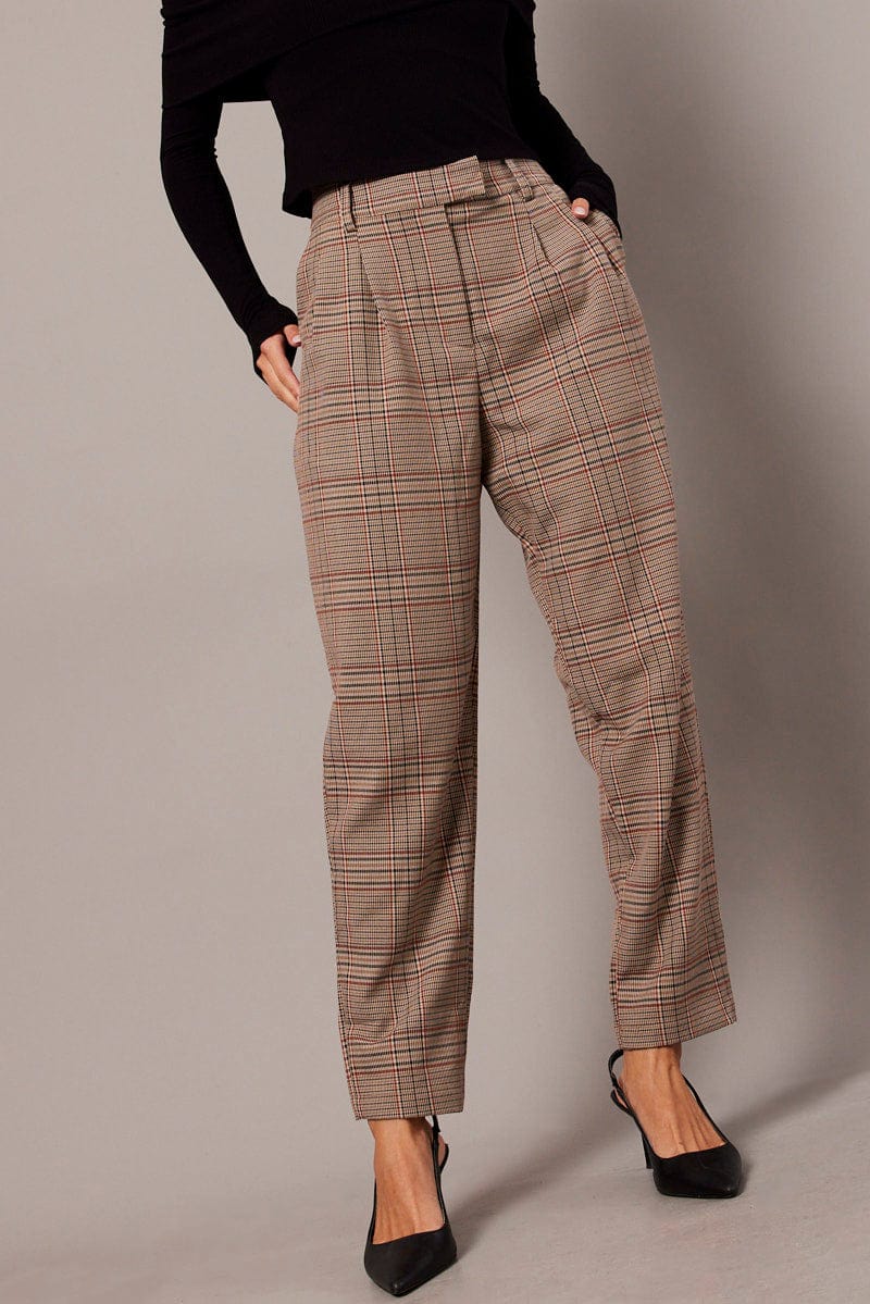 High Rise Beige Check Tapered Pants for Women - Office Work & Casual Outfits