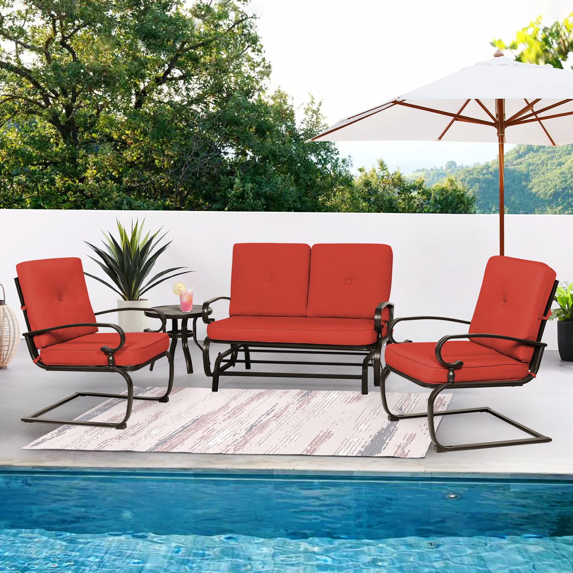 4Pcs Outdoor Metal Patio Furniture Set - Wrought Iron Glider, Bistro Table & 2 Spring Lounge Chairs (Red) - Perfect for Garden, Backyard, Porch & Poolside Relaxation