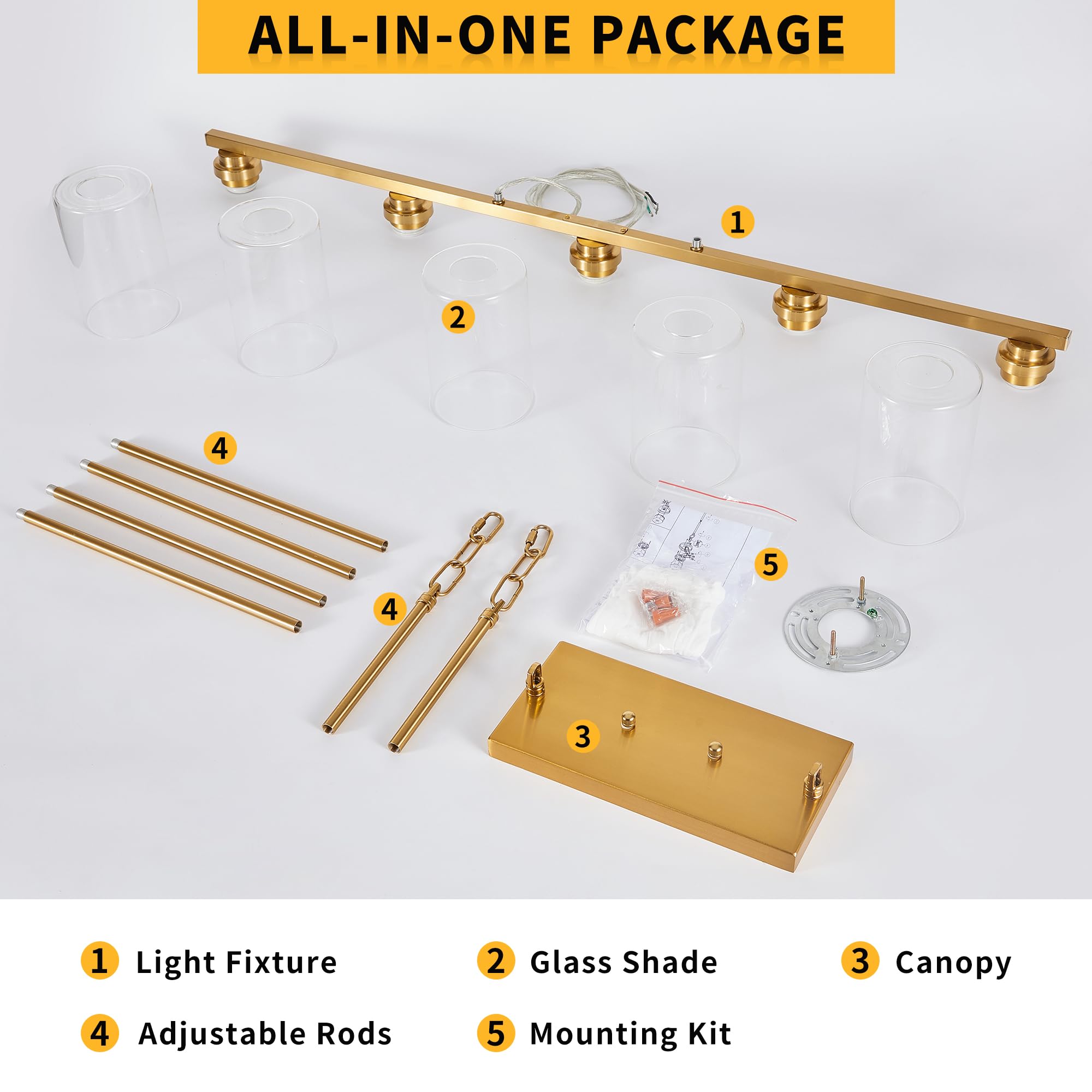 5-Light Brushed Gold Linear Chandelier Pendant Lighting for Kitchen Island, Dining Table & Living Room - Modern Farmhouse Style Fixture for Dining Room, Kitchen & Home Decor | Perfect for Open Concept Spaces, Entertaining & Ambient Lighting