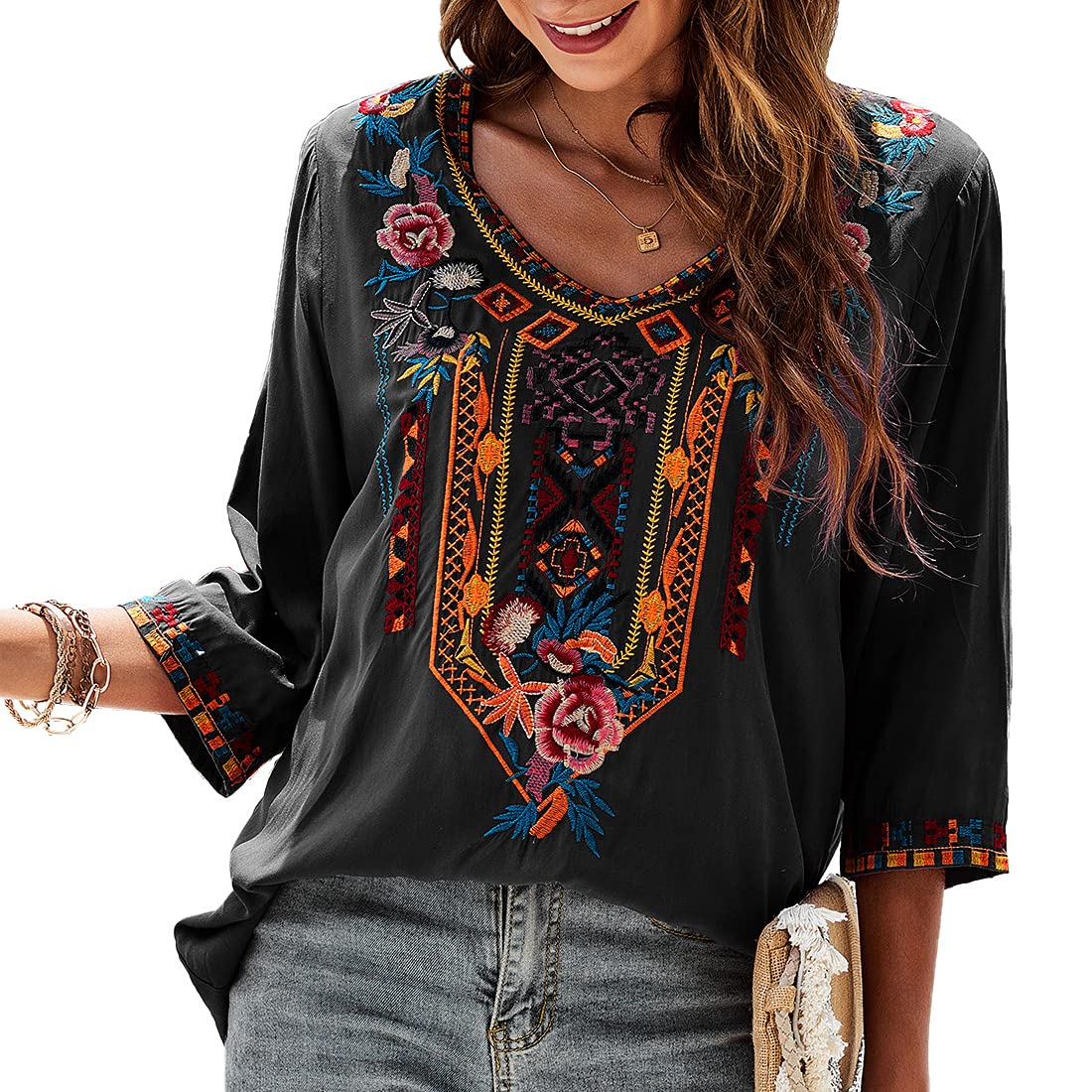 AK Embroidered Tops for Women - 3/4 Sleeve Peasant Blouse Mexican Shirts with V-Neck - Traditional Tunic Casual Tops - Perfect for Boho Outfits, Summer Wear & Festival Fashion