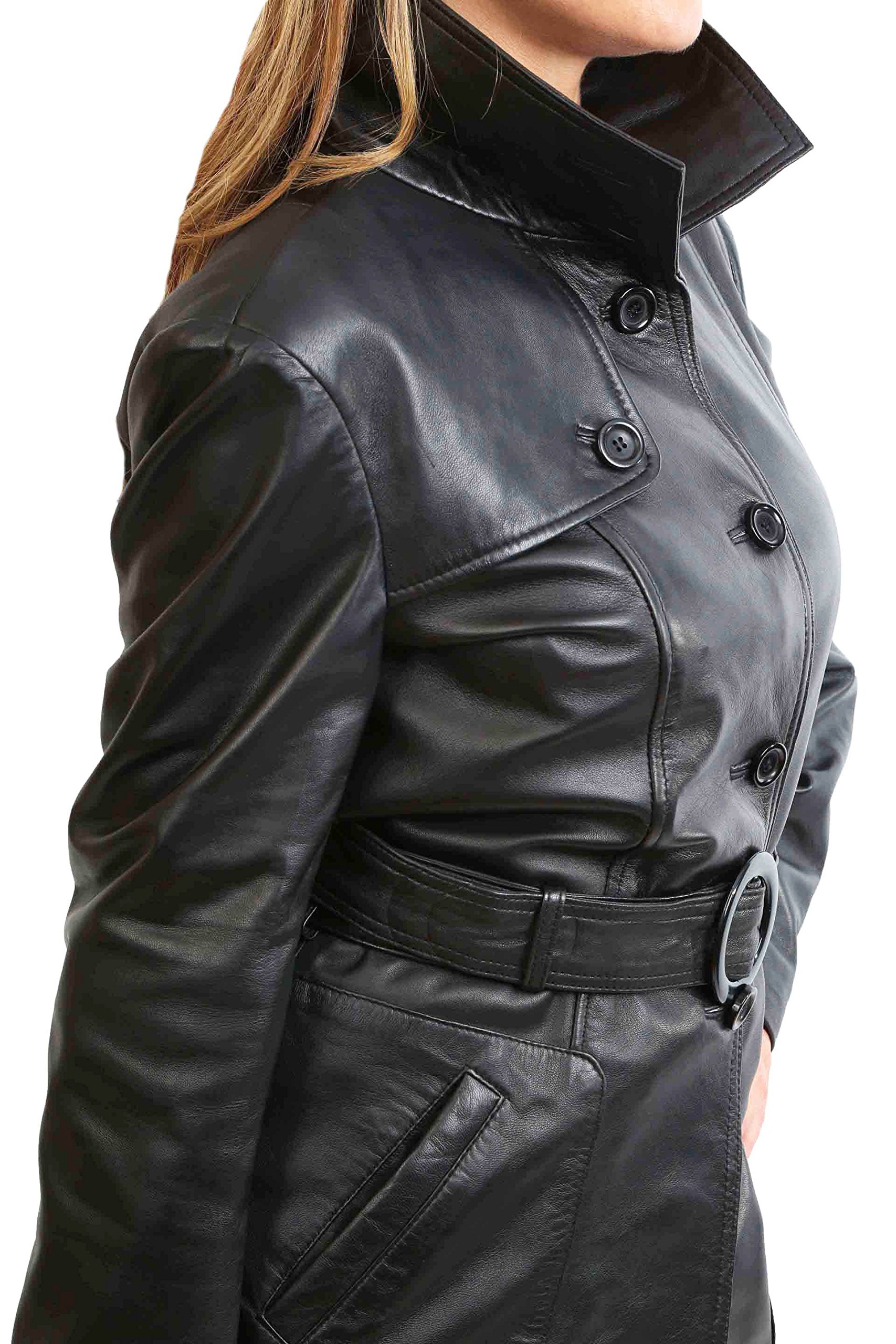 Women's Genuine Leather Black Trench Coat with Waist Belt | Mid-Length Parka Jacket by Alba | Perfect for Fall Fashion, Office Wear & Outdoor Activities
