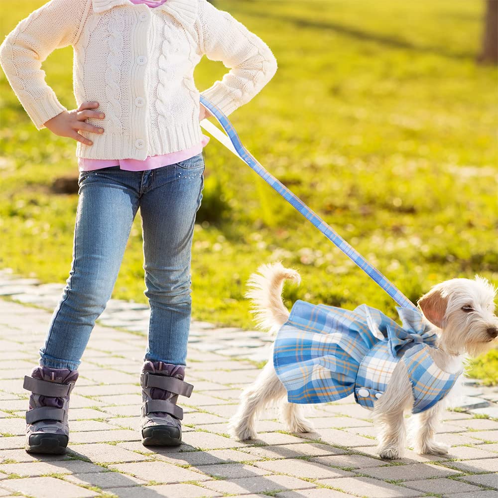 Tikwek Plaid Dog Dress with Bow Tie, Harness & Leash Set - Cute Puppy Skirt Outfit for Small Dogs (Blue, Large) | Perfect for Pet Parties, Photo Shoots & Daily Walks