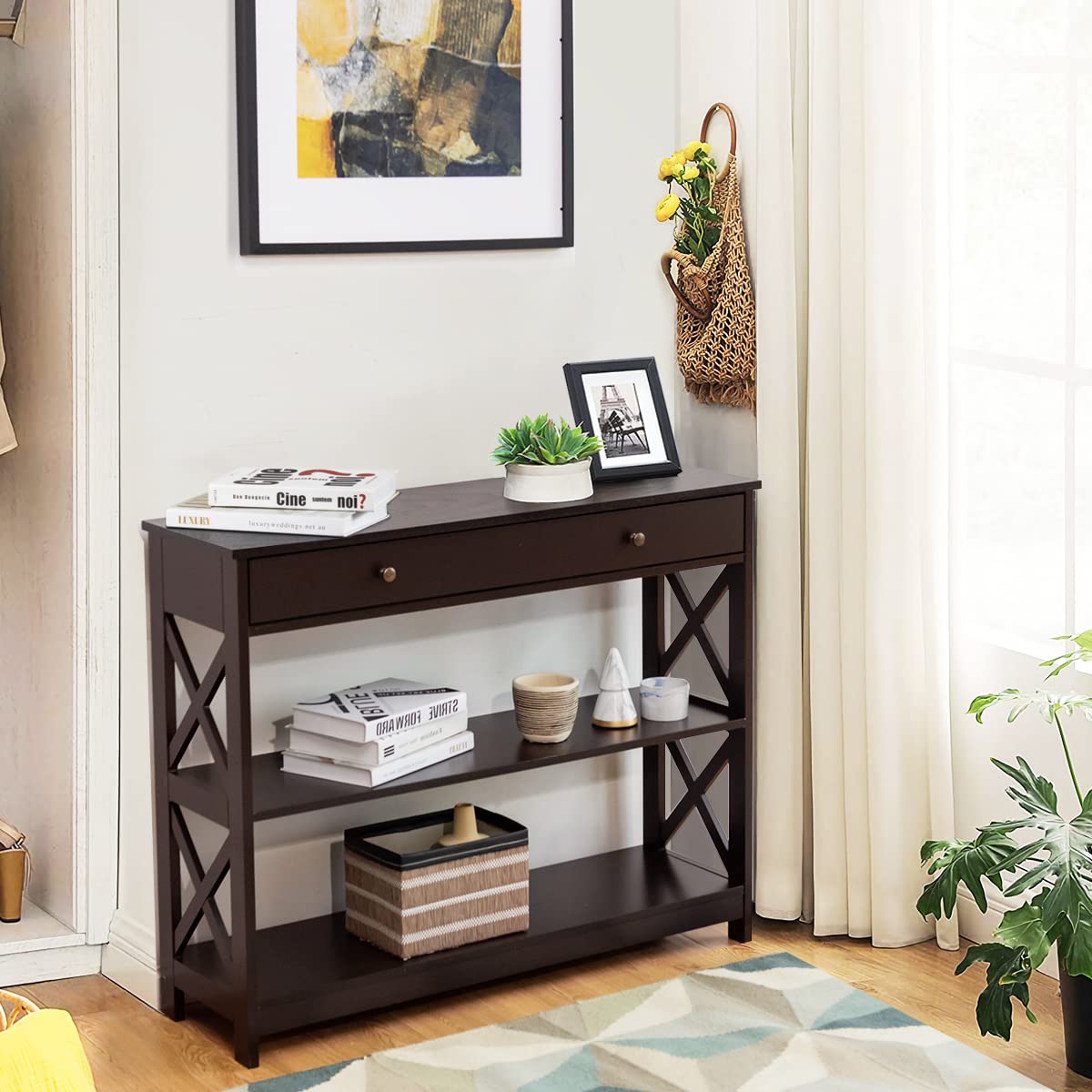 Giantex 3-Tier Console Table with Drawer & Storage Shelves - X-Design Entryway Table for Hallway, Living Room & Bedroom - Sofa Side Table in Espresso Finish | Perfect for Small Space Organization & Home Decor