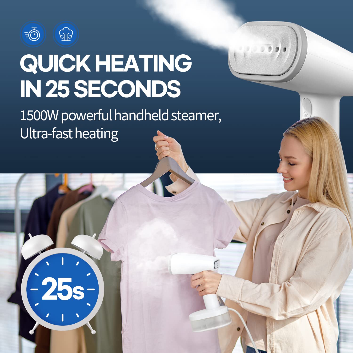 HubiCare 1500W Handheld Clothes Steamer with 250ml Large Water Tank - Portable Fabric Wrinkle Remover for Travel, Home & Office Use - Compact Garment Steamer for Dresses, Suits & Curtains (White, 120V Only)