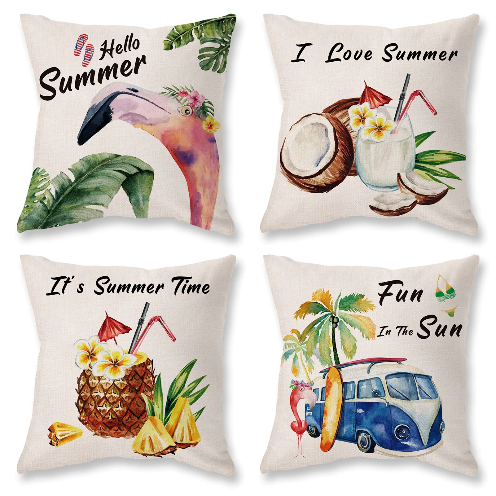 4-Pack 18x18 Inch Summer Floral Pillow Covers - Tropical Beach Pineapple & Flamingo Print Decorative Throw Pillow Cases for Outdoor Patio Furniture, Farmhouse Decor, Living Room & Bedroom Accents