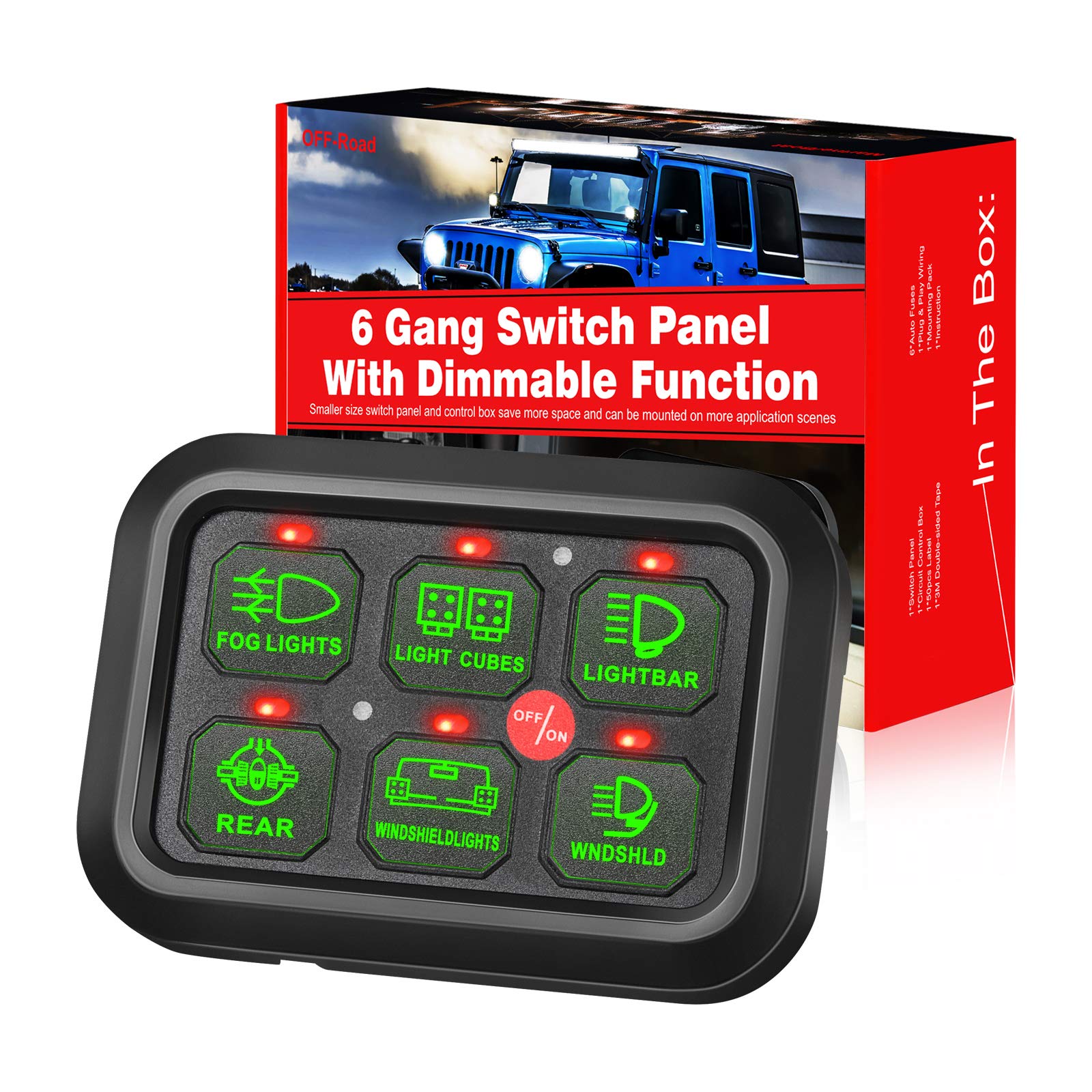 OFFROADTOWN 6 Gang Universal Waterproof Switch Panel with Fuse & Auto-Dimming LED - Circuit Control Box with Electronic Relay System for Trucks, UTVs, ATVs, SUVs & Boats - Perfect for Off-Roading, Marine & Adventure Vehicles