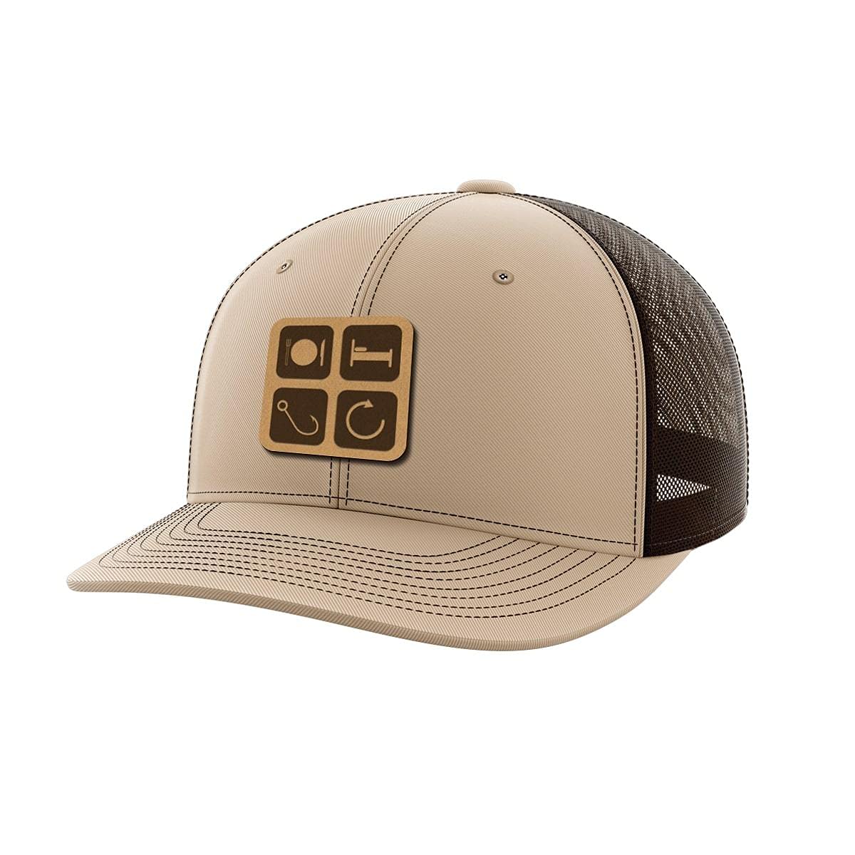 Eat Sleep Fish Repeat Leather Patch Hat - Stylish Outdoor Fishing Cap for Men & Women - Perfect for Fishing, Camping, and Outdoor Adventures
