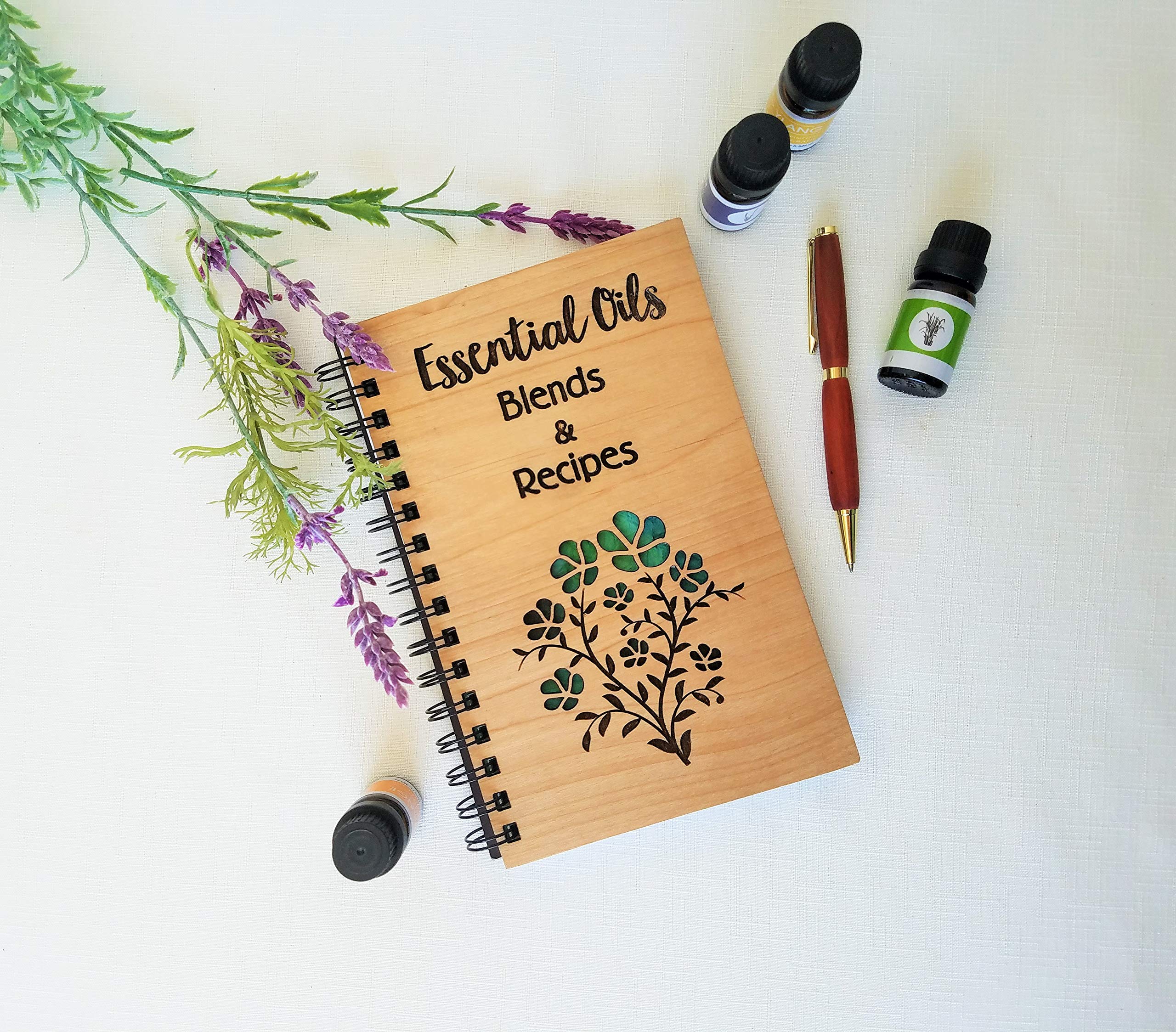 Personalized Wooden Journal with Essential Oil Flowers - Perfect for Aromatherapy, Meditation & Gift Giving