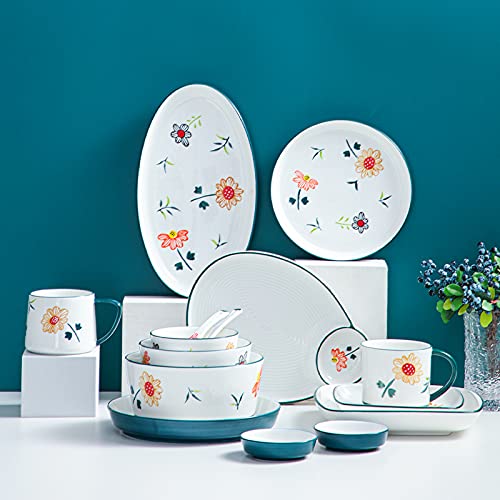 Hand Painted Porcelain Soy Sauce Dish Set - 4 Piece Green & White Sunflower Design - Perfect for Sushi, Dumplings, and Asian Cuisine Seasoning