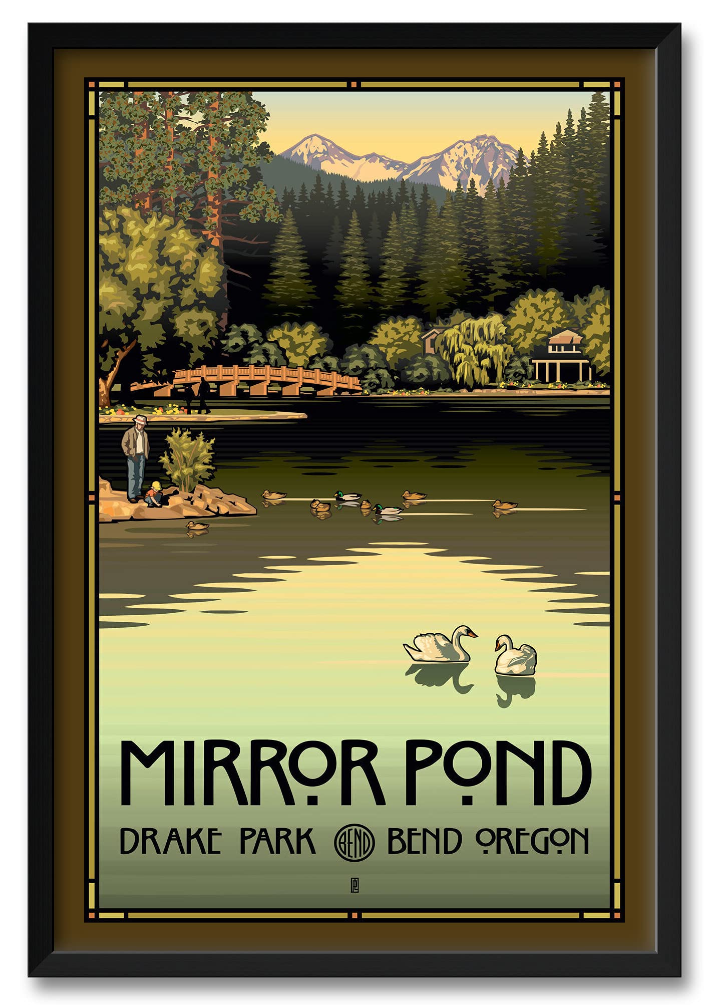 Professionally Framed Mirror Pond in Drake Park Bend Oregon Wall Art Print - 32x47 Inch Landscape Painting by Paul Leighton - Perfect for Living Room, Office & Home Decor