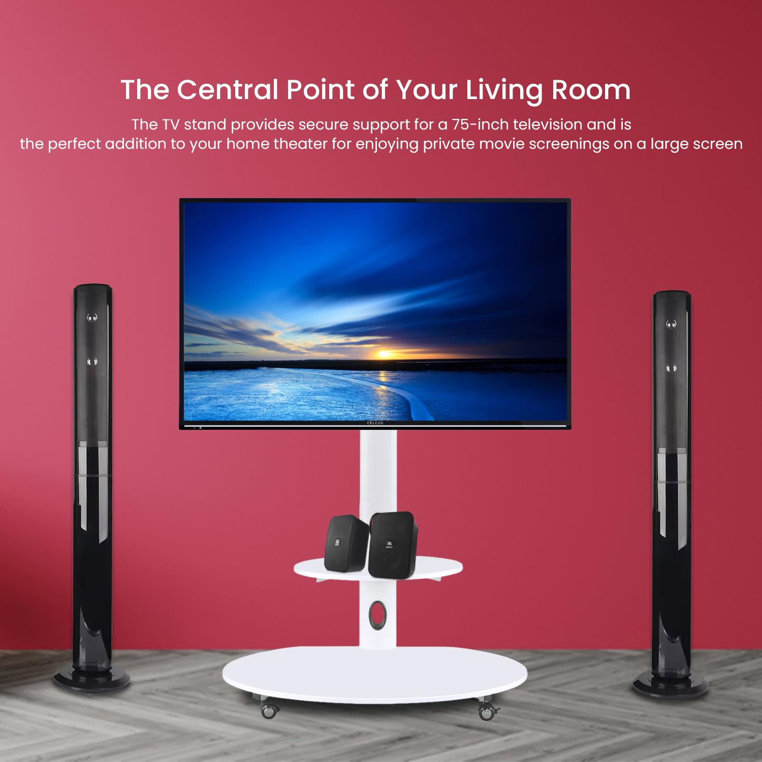 Adjustable Height Wooden & Metal Mobile TV Stand with Wheels for 65 Inch LED/Smart TV - White Oval Trolley TV Unit for Living Room, Bedroom & Home Theater