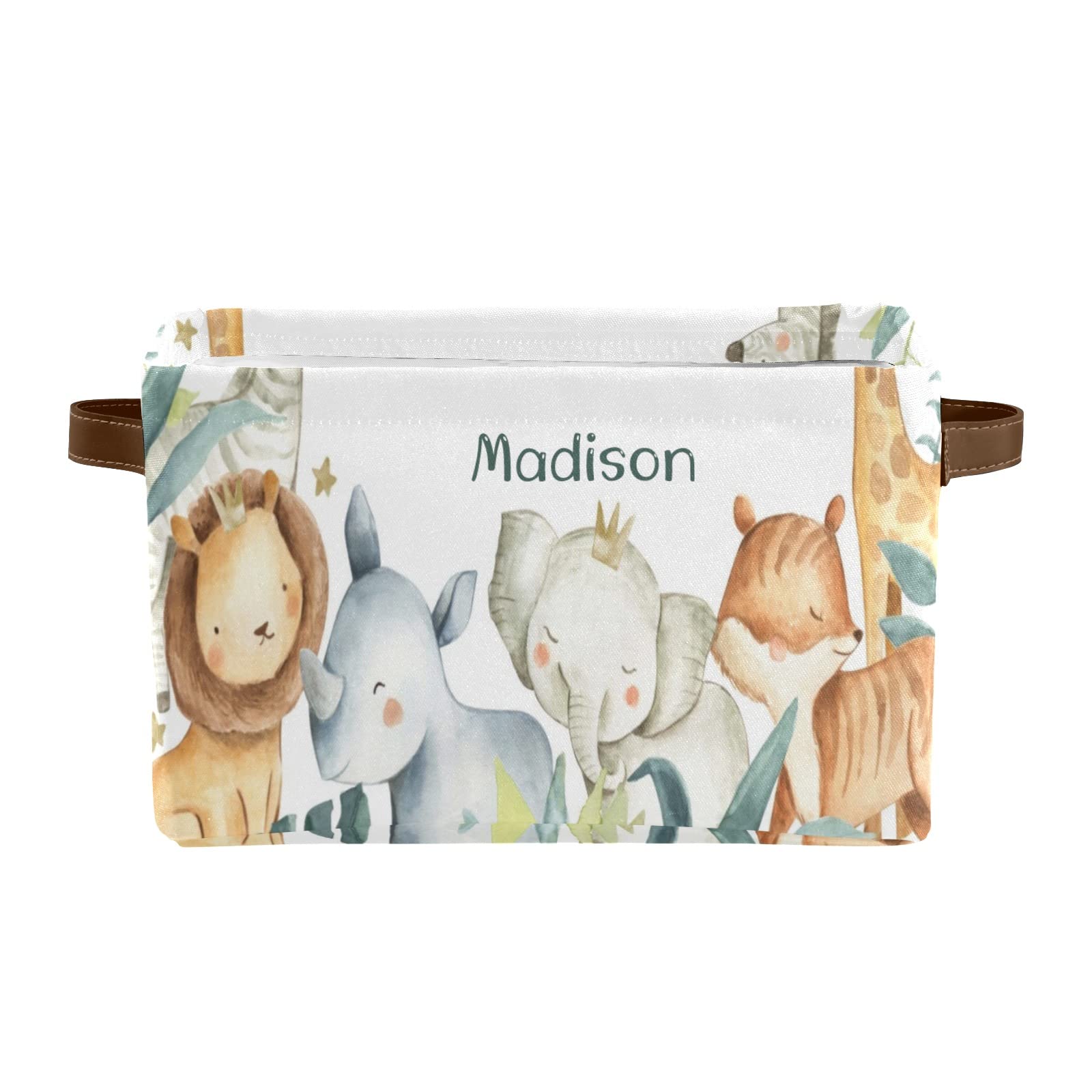 Personalized Safari Animal Storage Bins - Lion, Elephant & Fox Design - 2 Pack Durable Toy Organizer with Handles for Nursery, Wardrobe & Shelves - Perfect for Kids' Room Organization & Toy Storage