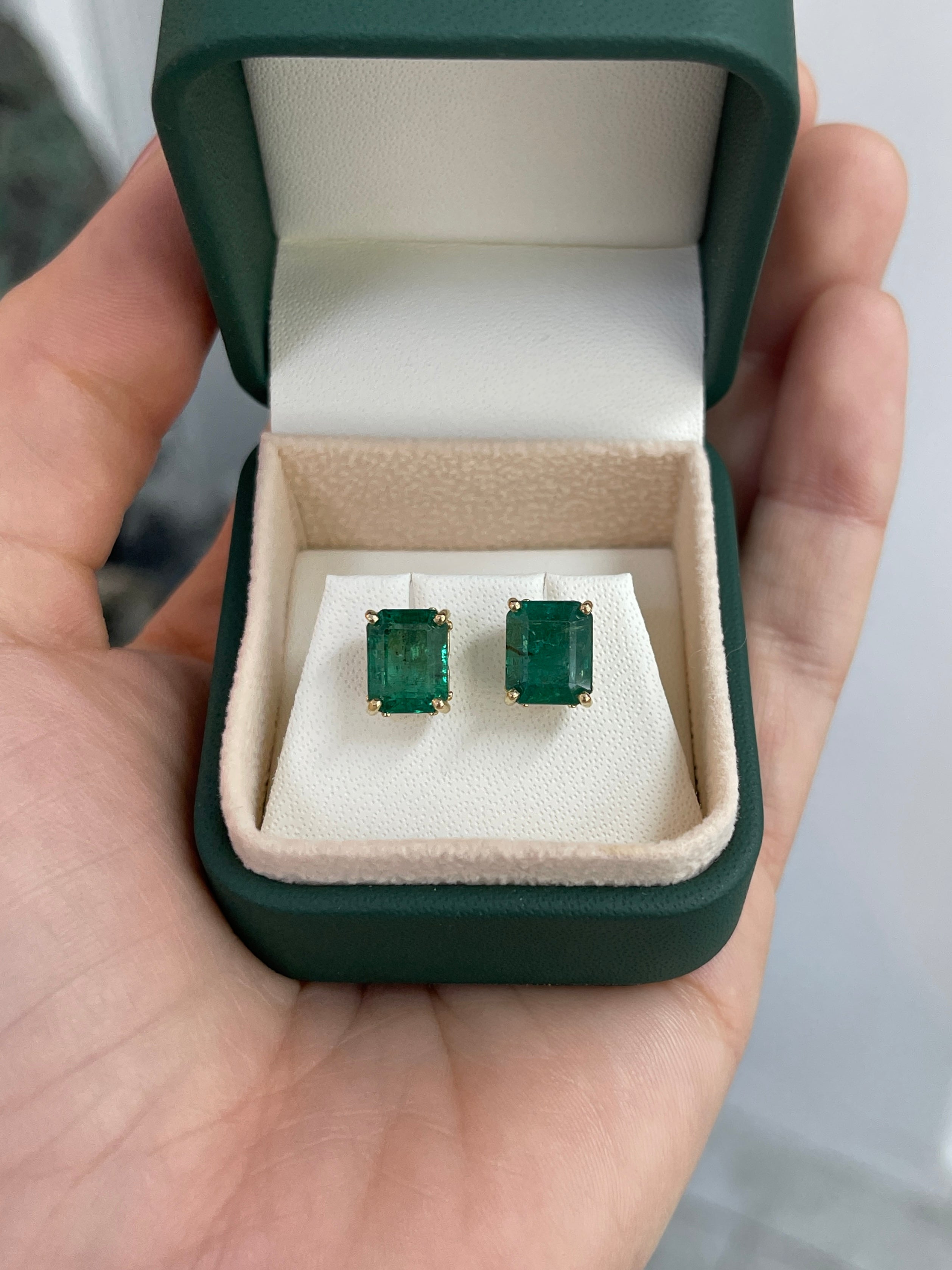 6.70tcw Zambian Emerald Emerald Cut Fleur De Lis Stud Earrings in 14K Gold - Elegant Jewelry for Women, Perfect for Weddings, Parties & Special Occasions