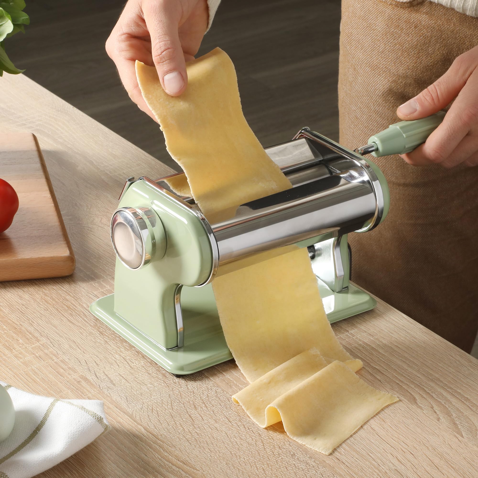 Sur La Table Manual Pasta Maker Machine - Stainless Steel & Juniper Green Noodle Maker with Rollers & Cutters for Spaghetti, Fettuccini, Lasagna & Dumpling Skins | Perfect for Home Cooking, Italian Cuisine & Family Meal Preparation