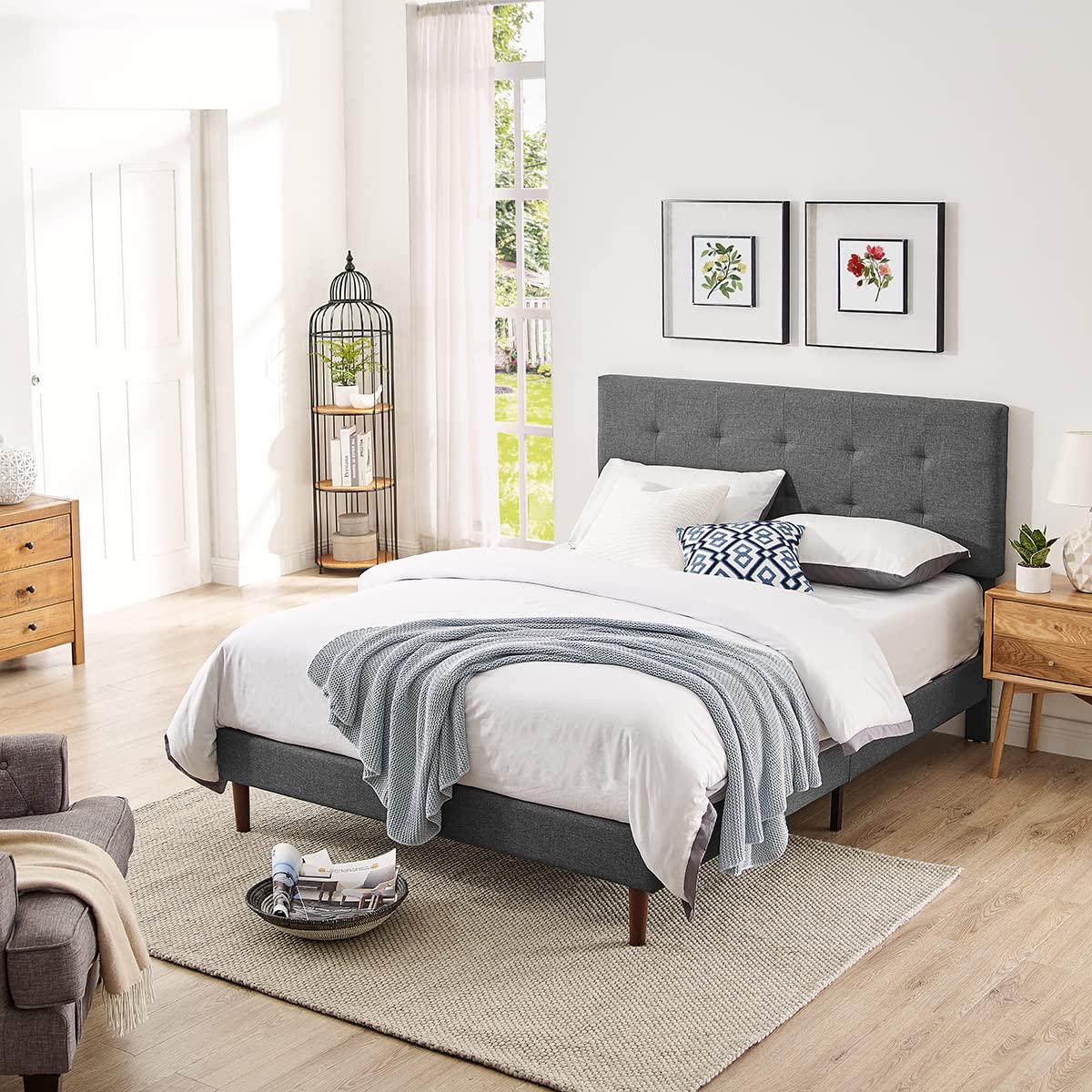 King Size Dark Grey Linen Upholstered Platform Bed Frame with Square Stitch Tufted Headboard & Wooden Slats - Adjustable Height for Modern Bedroom Decor