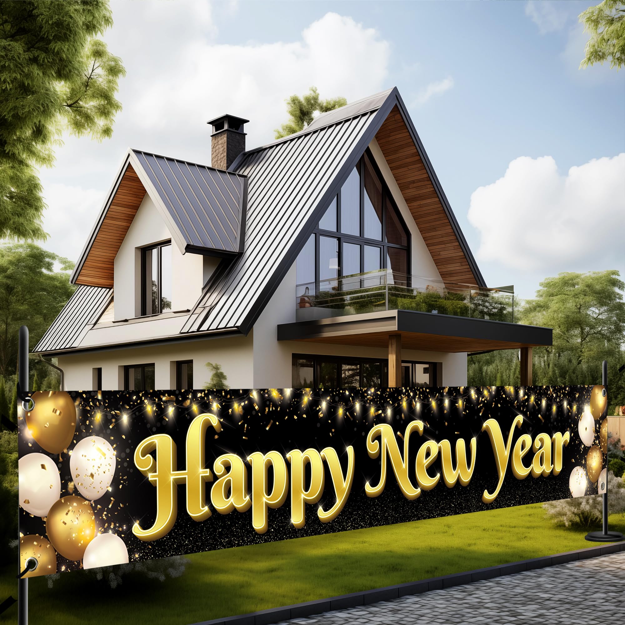 KatchOn 2025 Happy New Year Banner - 120x20 Inch Large Outdoor Yard Sign | New Year's Eve Party Decorations & Holiday Home Decor | Durable Weatherproof New Year Banner for Front Yard, Porch, and Indoor Wall Decoration