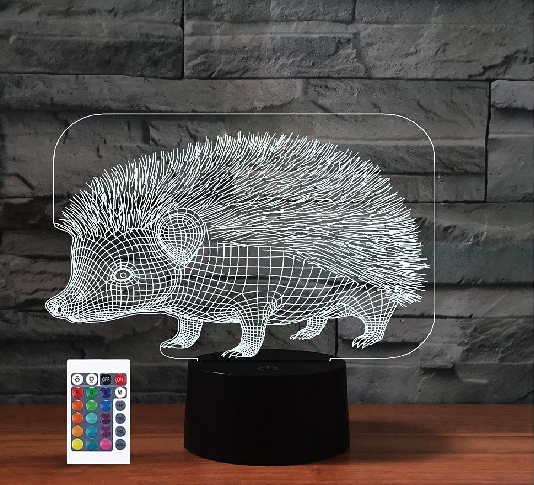 3D Cartoon Hedgehog Night Light with Remote Control - 7 Color Changing LED Desk Lamp, Touch Switch & Optical Illusion for Kids Room, Nursery, Christmas Decor & Birthday Gifts (Animal Shape Home Decoration)