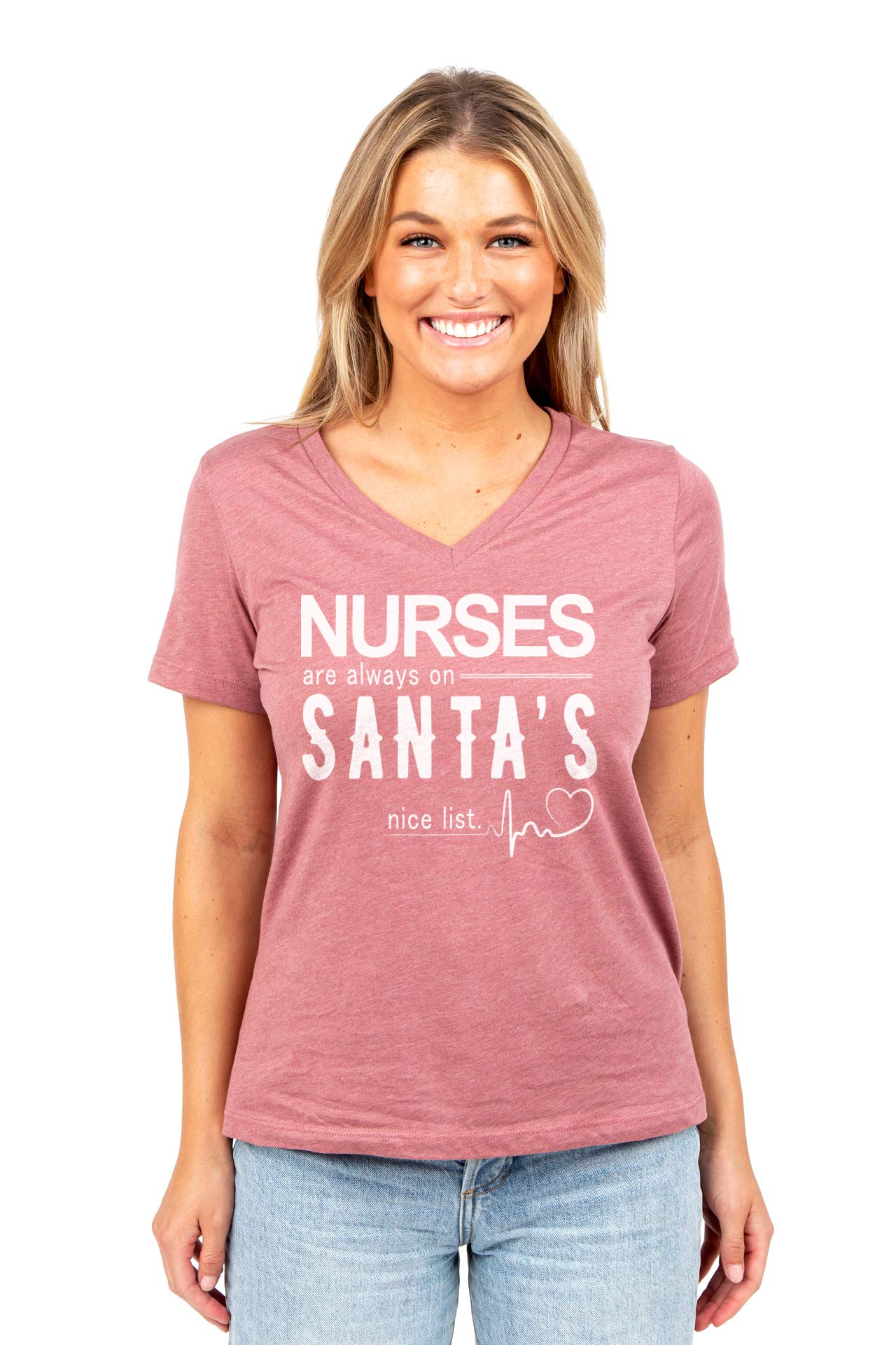 Nurses Are Always On Santa's Nice List Women's Relaxed V-Neck T-Shirt - Comfortable Casual Tee for Nursing Professionals & Healthcare Workers