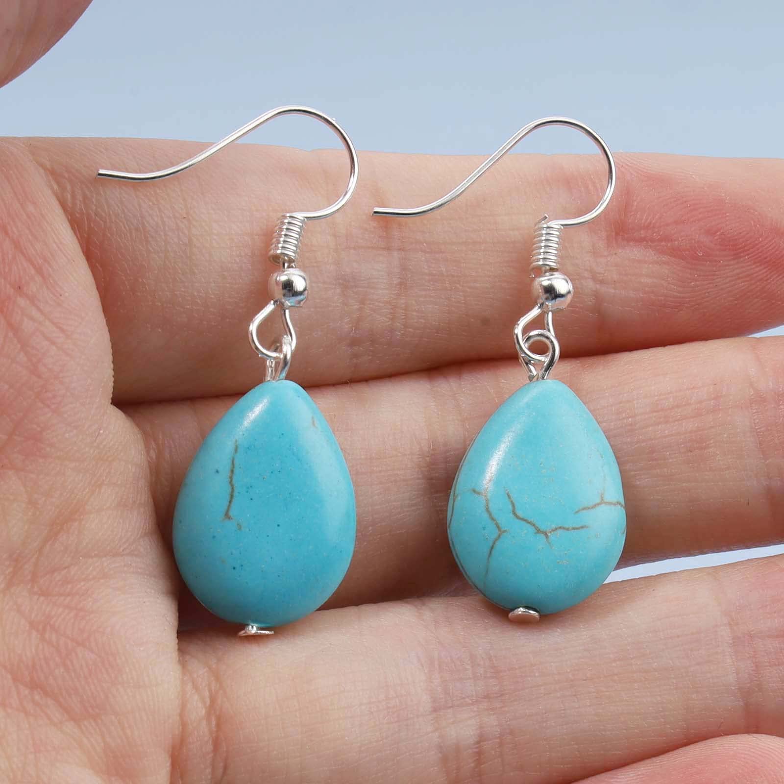 Boho Turquoise Teardrop Earrings for Women - Silver Blue Gemstone Dangle Earrings with Vintage Hook | Perfect for Boho Chic, Festival, Wedding & Everyday Jewelry