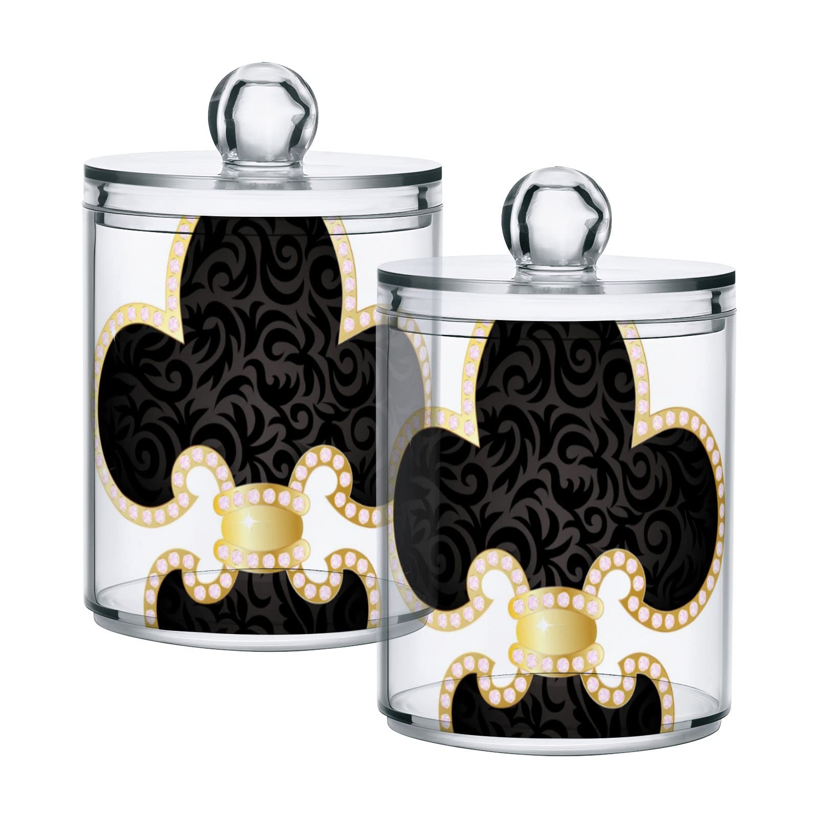 Luxury Black Floral Fleur De Lis Gold Diamond Rim White Plastic Storage Jars with Lids (Set of 2) - 10 oz Translucent Food Containers for Cotton Swabs, Tea, Cookies | Kitchen Pantry Organization, Bathroom Storage, Canning Supplies