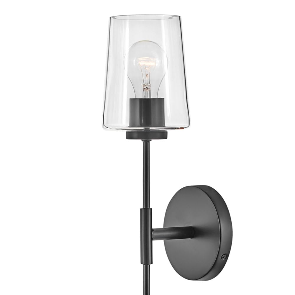 Lark Kline 83450BK Modern Black Wall Sconce - Minimalist Tall Single Light Fixture with Tapered Clear Glass Shade for Bedroom, Living Room, Hallway Lighting