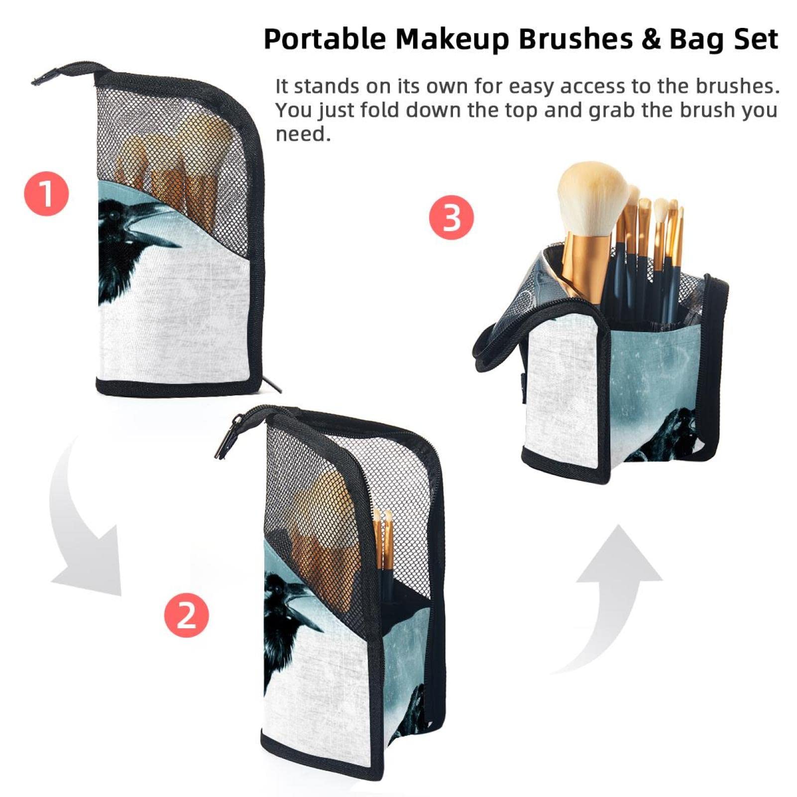 Premium 12-Piece Makeup Brush Organizer Bag with Portable Holder Case - Black Crow Design for Travel & Home Storage | Ideal for Makeup Artists & Beauty Enthusiasts