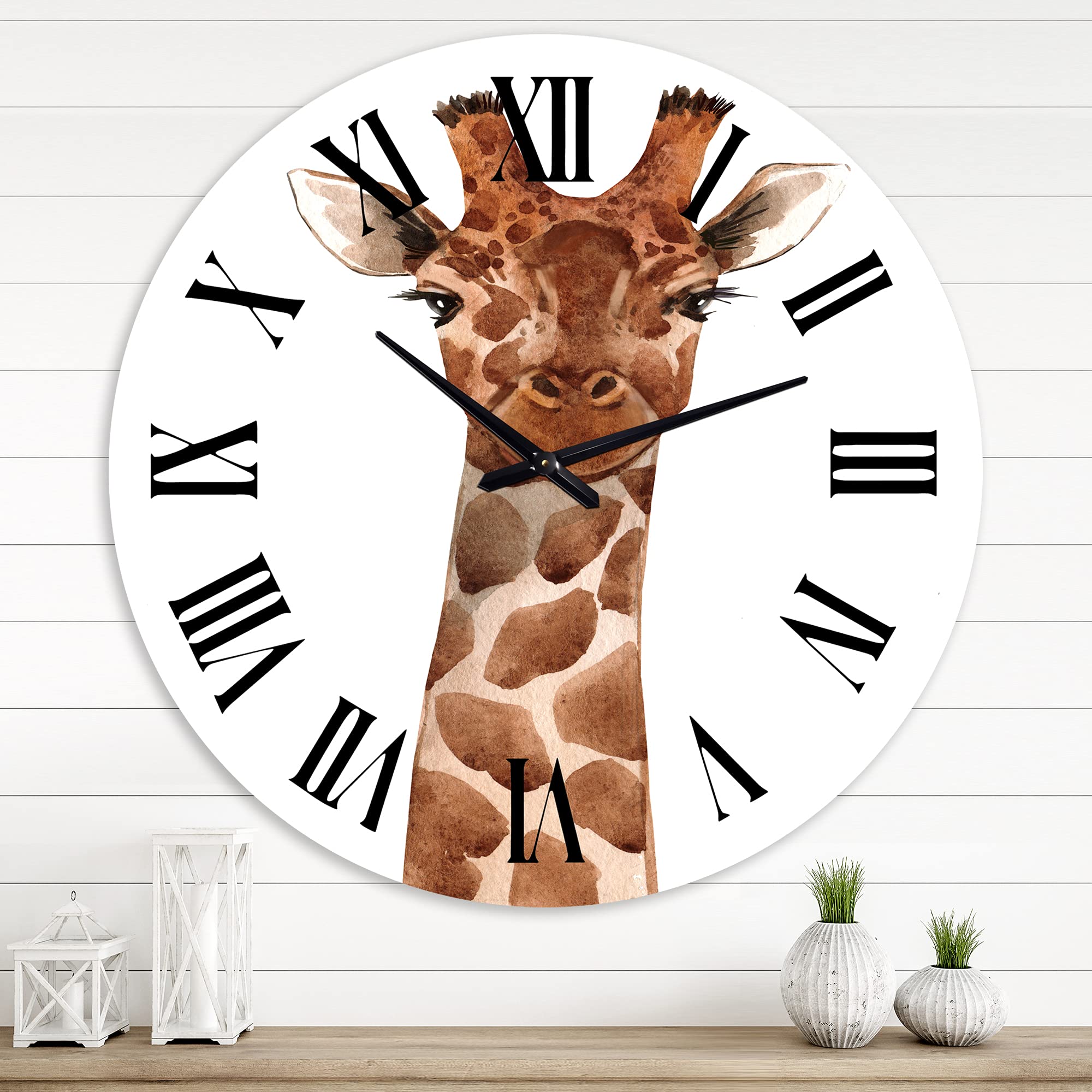 DesignQ Farmhouse Wall Clock 'Portrait of A Giraffe X' - Large Animal Themed Wall Decor for Living Room, Bedroom & Office - Rustic Home Decoration with Silent Movement
