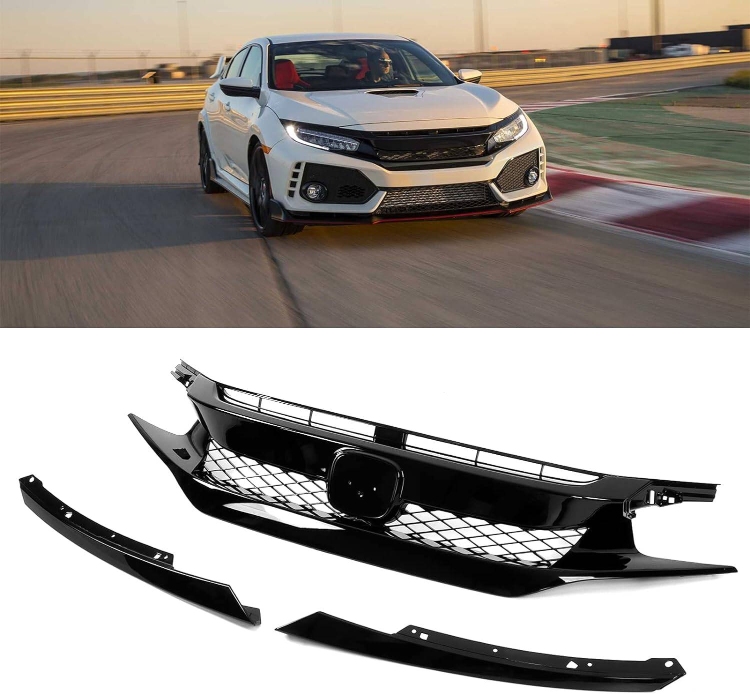 2016-2018 Honda Civic Coupe/Sedan Front Grille & Eyelids - Type R CTR Style Glossy Black Set | Car Exterior Upgrade for Street Racing & Show Cars