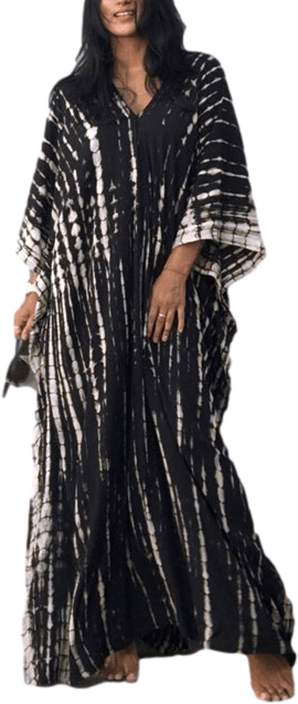 RanRui Women's Plus Size Kaftan Dresses - Striped Print Tie-Dye V-Neck Flowy Maxi Dress for Beach, Vacation & Summer Outfits | Boho Chic Loungewear & Cover-Up