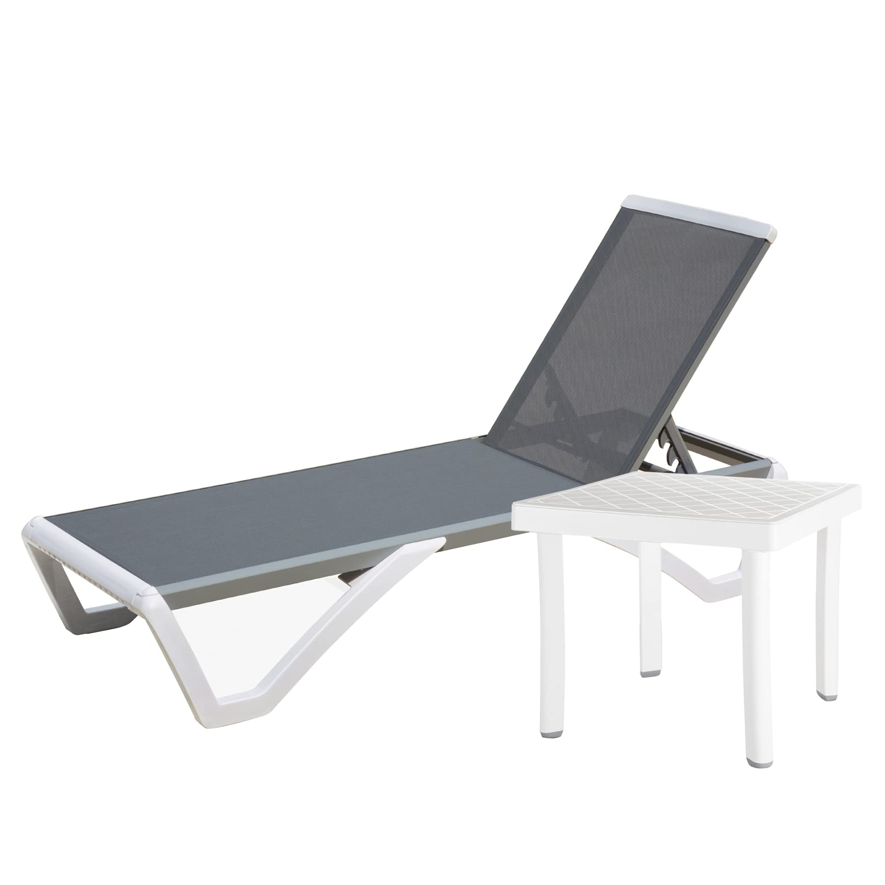 DOMI Adjustable Aluminum Pool Lounge Chair - All-Weather Outdoor Chaise Lounge with Side Table for Deck, Lawn & Backyard - Gray Textilene Fabric - Perfect for Poolside Relaxation, Sunbathing & Outdoor Lounging
